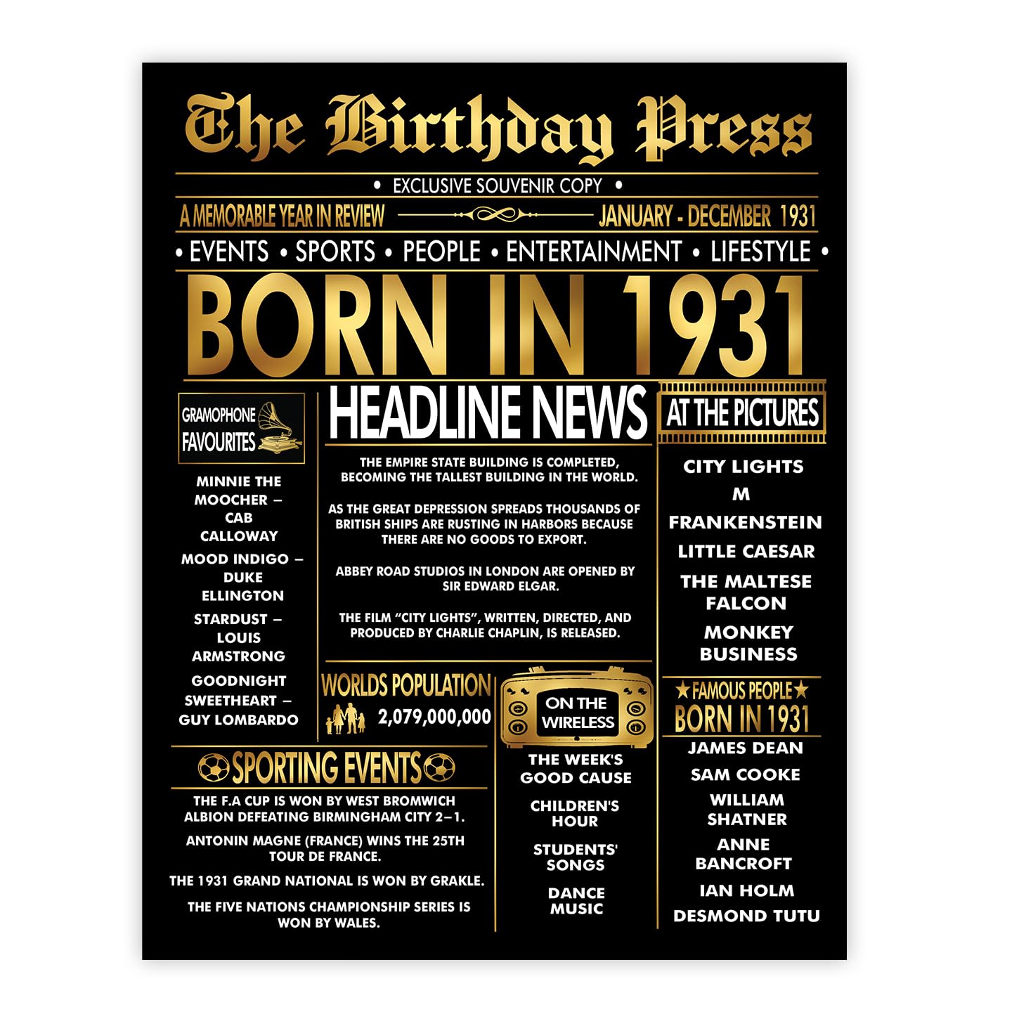 Stuff4 Gold 95th Birthday Poster Unframed - Golden Born In 1931 Newspaper - Happy 95 Birthday for Men Women Retro Vintage Gifts Back In 1931, 8x10 Inch Bday Party Decor Decoration