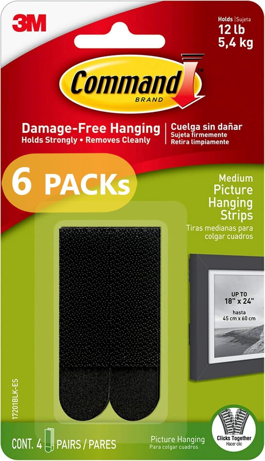 Command Medium Picture Hanging Strips - 6 Packs of 4 Pairs (48 Strips), Black - Damage Free Hanging - For Pictures, Frames, Mirrors, Wall decor and Signs - Holds up to 5.4kg