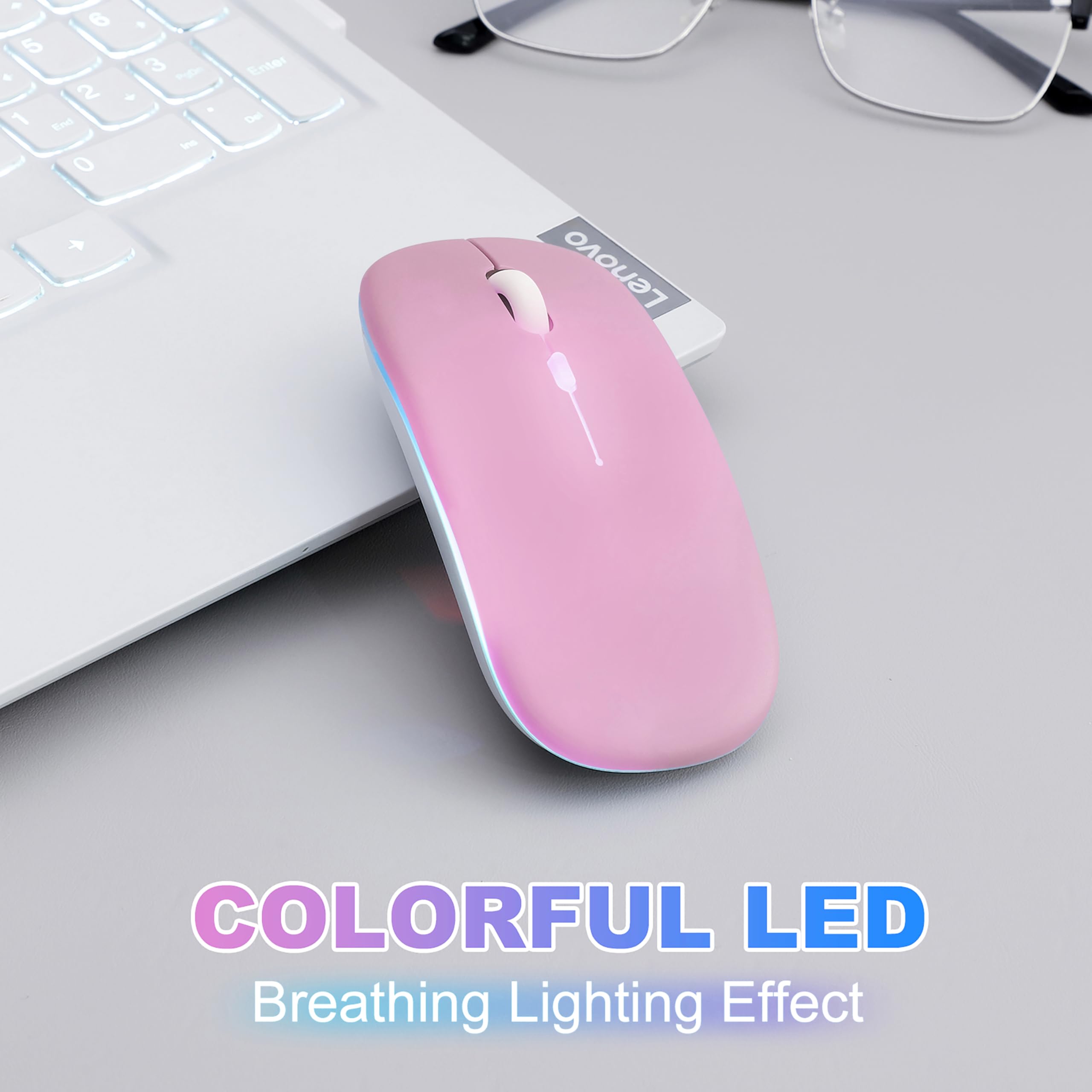 Wireless Bluetooth Mouse Rechargeable Long Lasting Dual Mode - BT 5.2 & 2.4G Silent RGB LED Mice, Slim Portable Ergonomic Mouse for Laptop/PC/Tablet/MacBook/iPad/Apple Devices(Pink) - 3