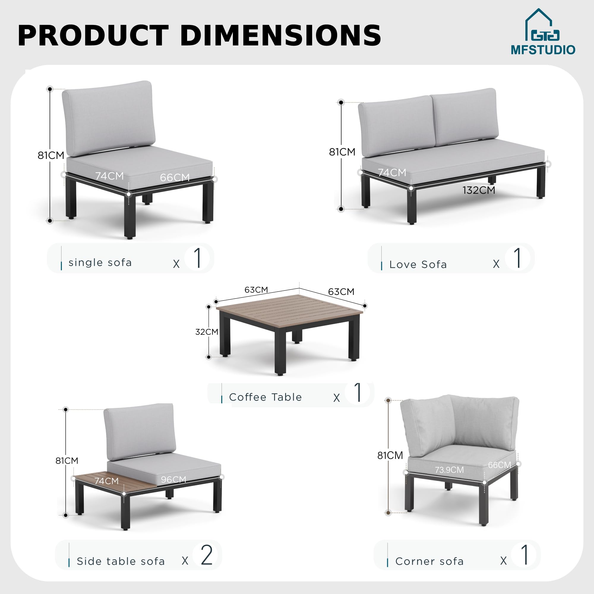 MFSTUDIO Gartenmöbel Set, Lounge Möbel Outdoor, Terassenmöbel mit Couchtisch und Abnehmbarem Kissen, Outdoor Sitzgruppe Set mit Einzelner Stuhl, Doppelstuhl, Beistelltisch, Tisch, frei kombinierbar