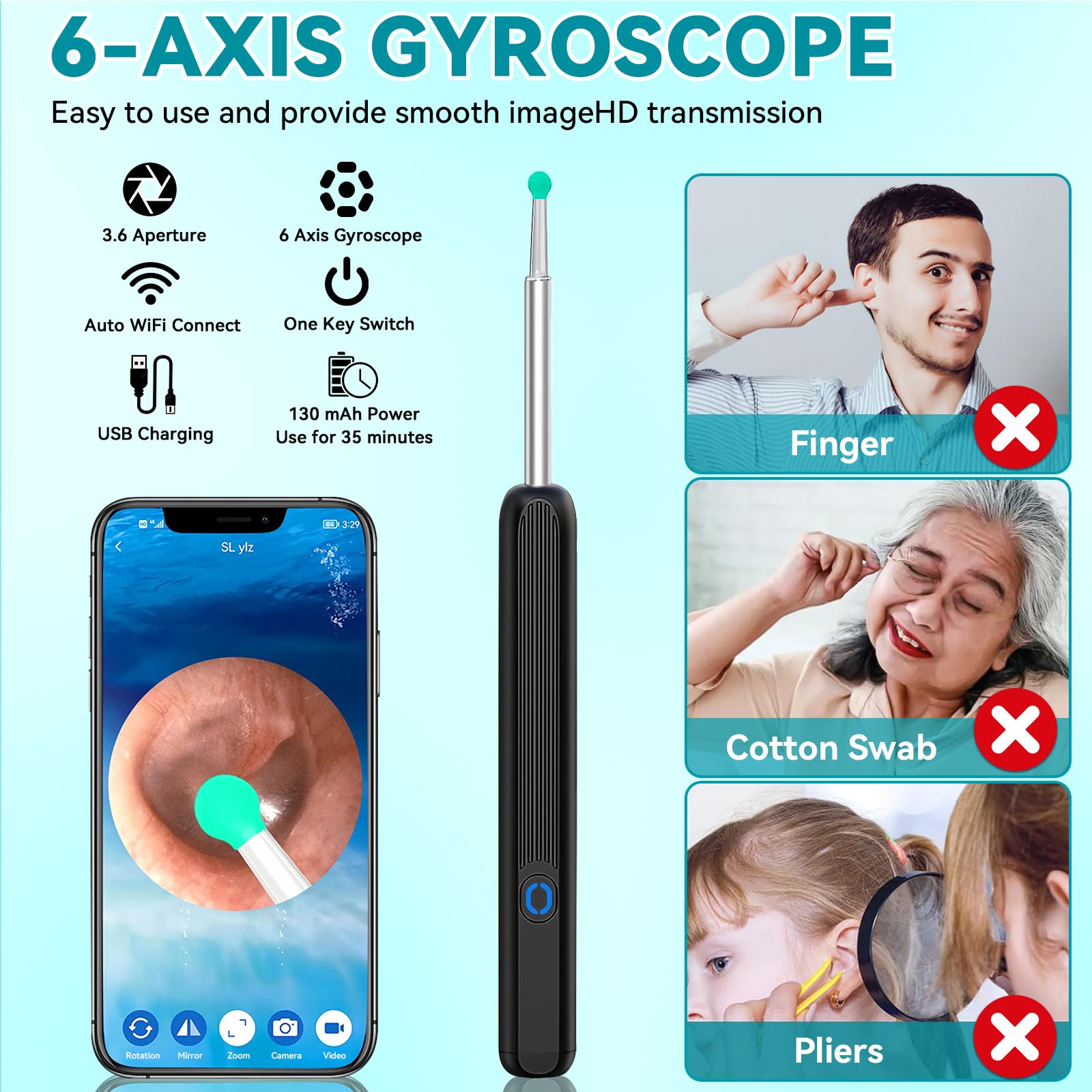 Endoskop uszny, WiFi, endoskop, otoskop, 1080P, IP67, wodoodporna kamera uszna HD z 6 diodami LED, otoskop, kompatybilna z ios i Androidem, dla iPhone, Android, iPad, dorosłych, dzieci, z