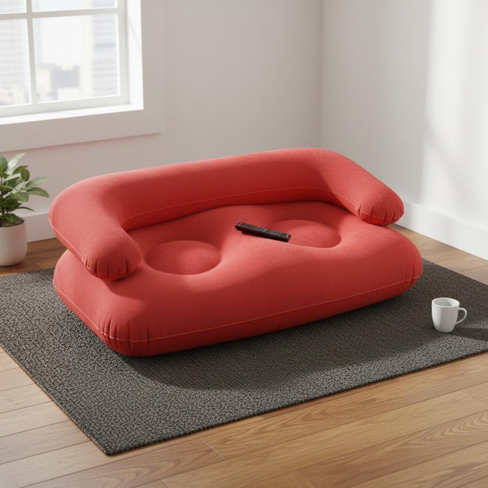Aufblasbares Sofa Aufblasbare Couch Luftsofa Loungesessel Rückenlehne Und Armstützen aus PVC mit Sanfter Beflockung für Rasches Aufpumpen Und, Rot, Doppelte OPP-Tasche