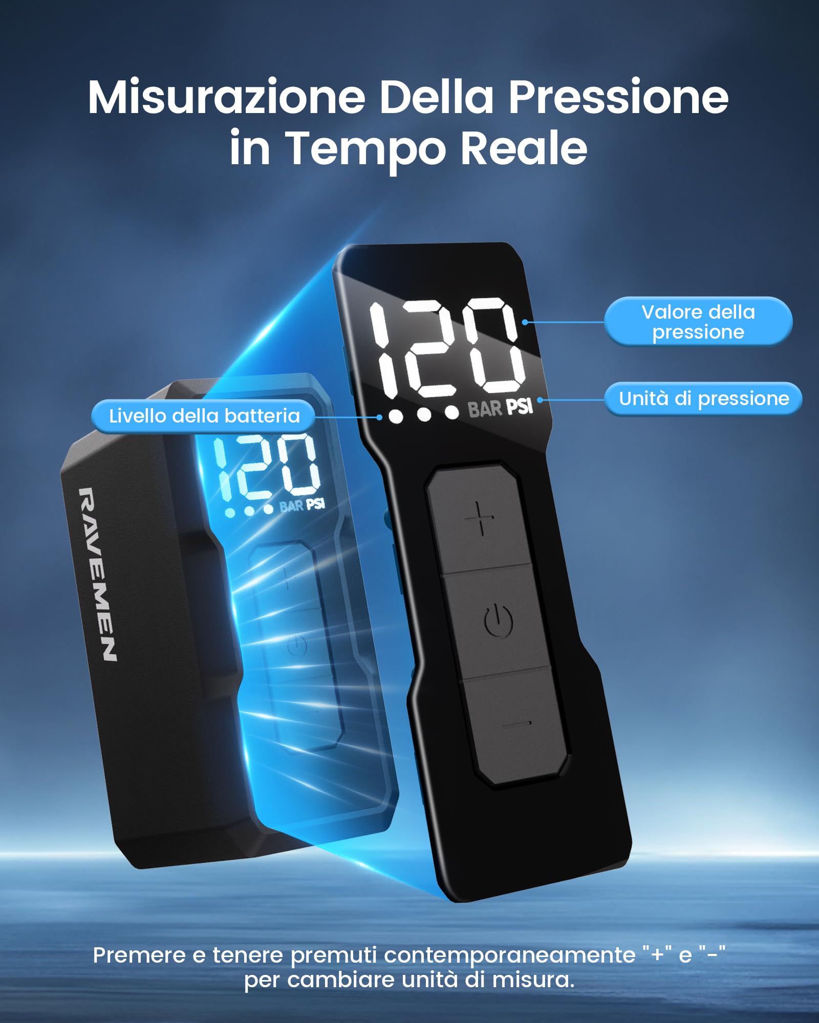 RAVEMEN EP01 Mini Pompa Elettrica per Bicicletta, Massima 120 PSI con manometro Portatile Pompa Arresto Automatico, Compatibile con Presta e Schrader Valvole per Bici da Strada e MTB, E-BIKE