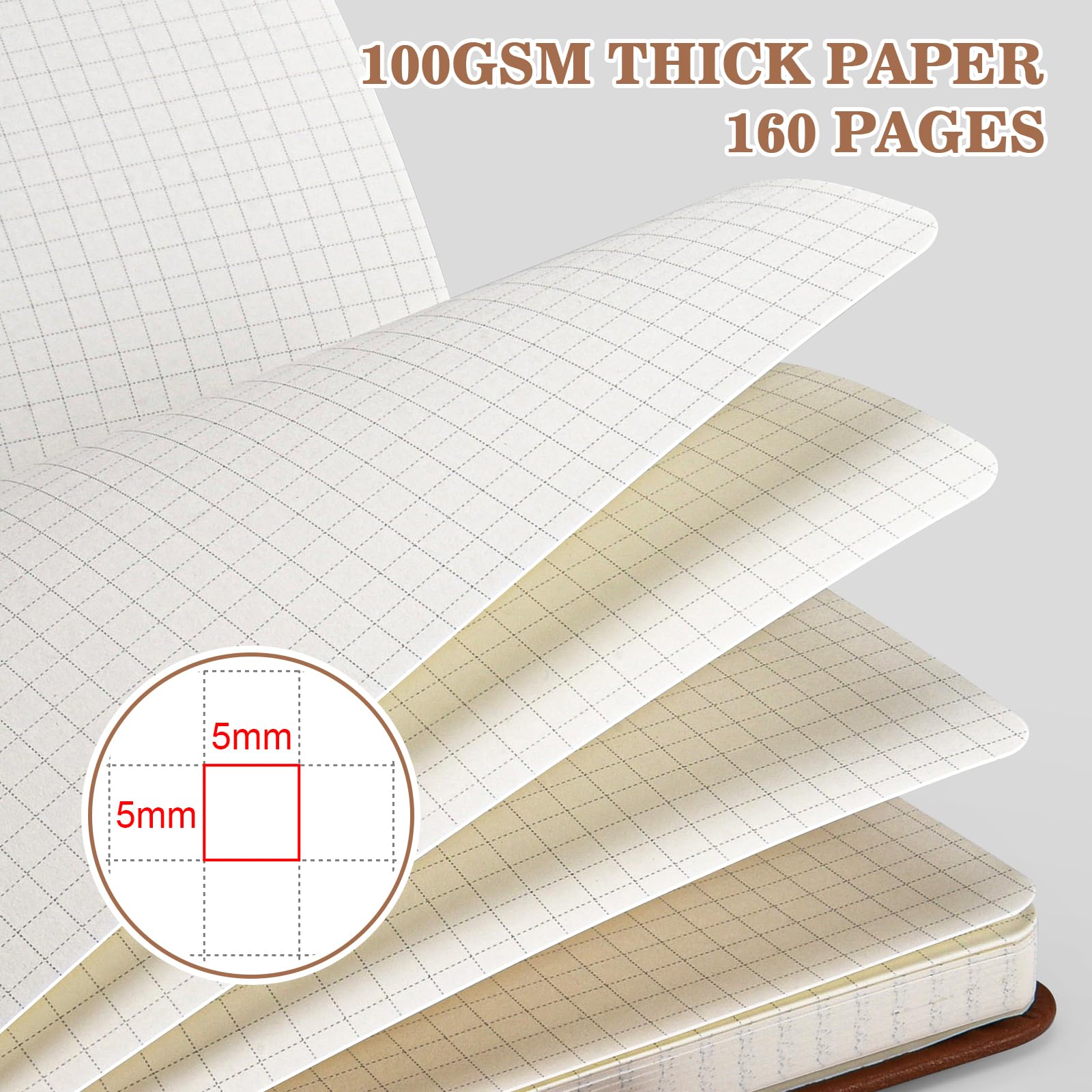 Lot de 4 carnets de notes en papier quadrillé 160 pages, format A5 de taille moyenne (14,5 x 21,1 cm), papier quadrillé épais de 100 g/m², couverture rigide en cuir pour écrire, carnet graphique pour
