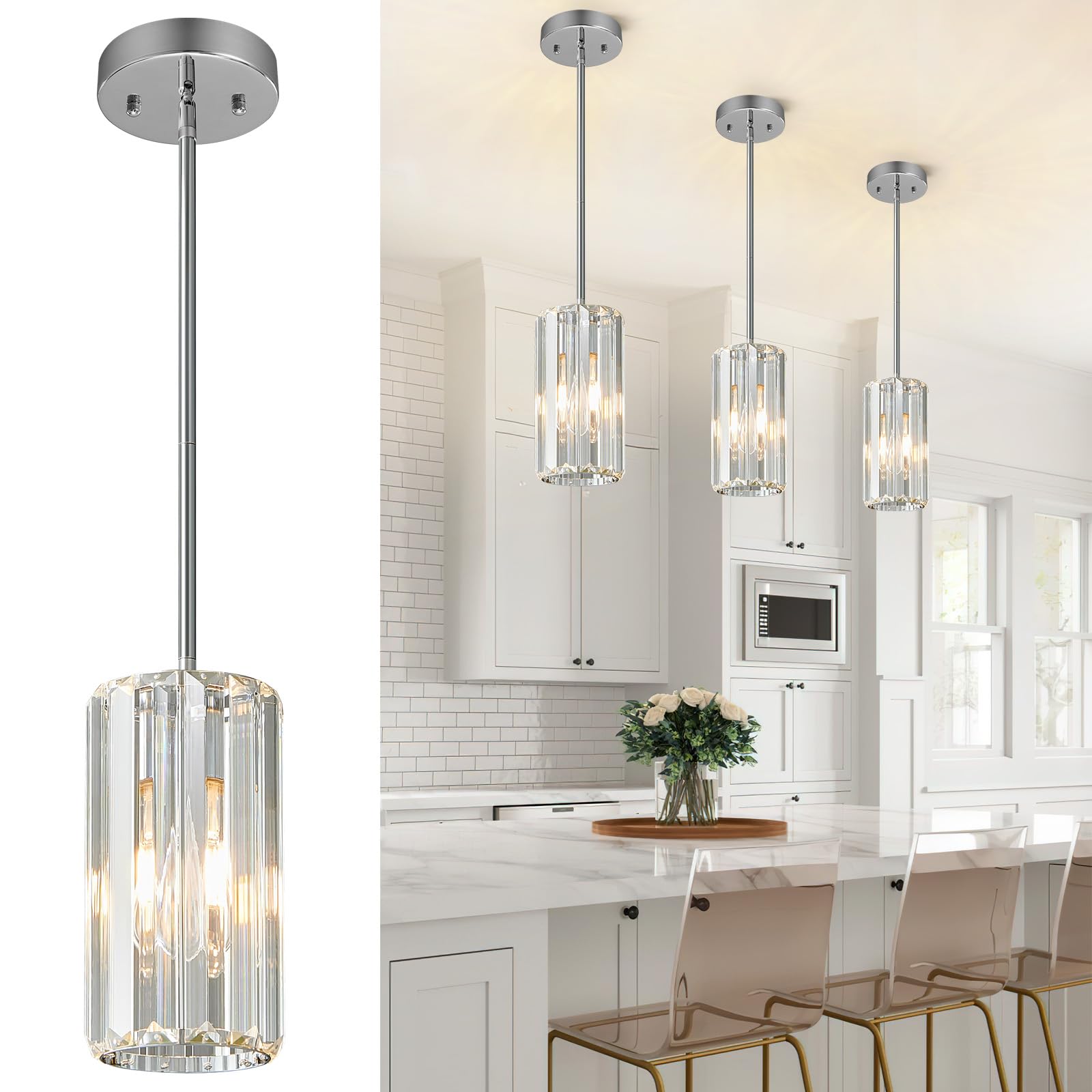 Photo 1 of zhllmq Chrome Pendant Lighting Modern Pendant Light Mini Crystal Chandeliers Adjustable Pendant Light Fixture for Kitchen Island Dinning Room Corridor Bedroom(Chorme 3-Pack)