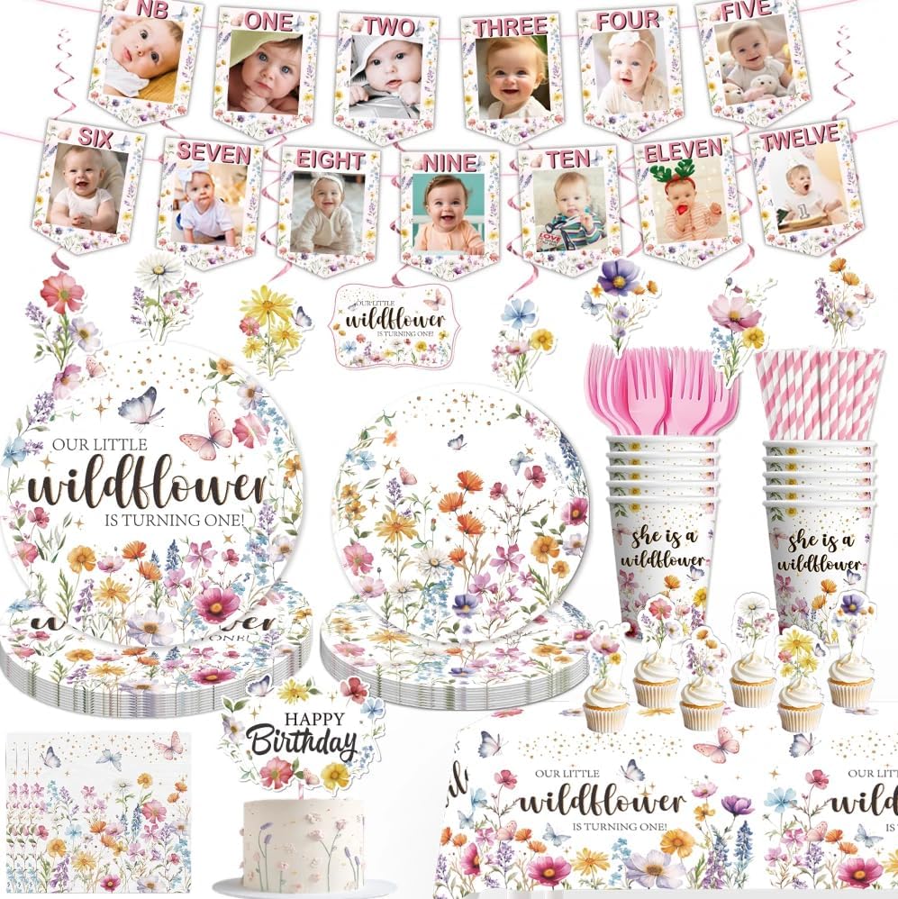 169pcs Wildflower Birthday Decorations with Banner, Plates, Cups, Tablecloth, Hanging Swirls Our Little Wildflower is Turning One, Wildflower 1st Birthday Decorations Girl for 25 Guests