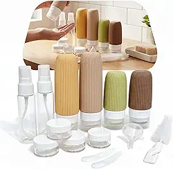 Kit 16 Frascos de Viagem Recarregáveis Silicone Premium Antivazamento – Recipientes para Shampoo, Cremes e Cosméticos + Bolsa Transparente TSA | Organização e Praticidade em Viagens (Tons Terrosos)