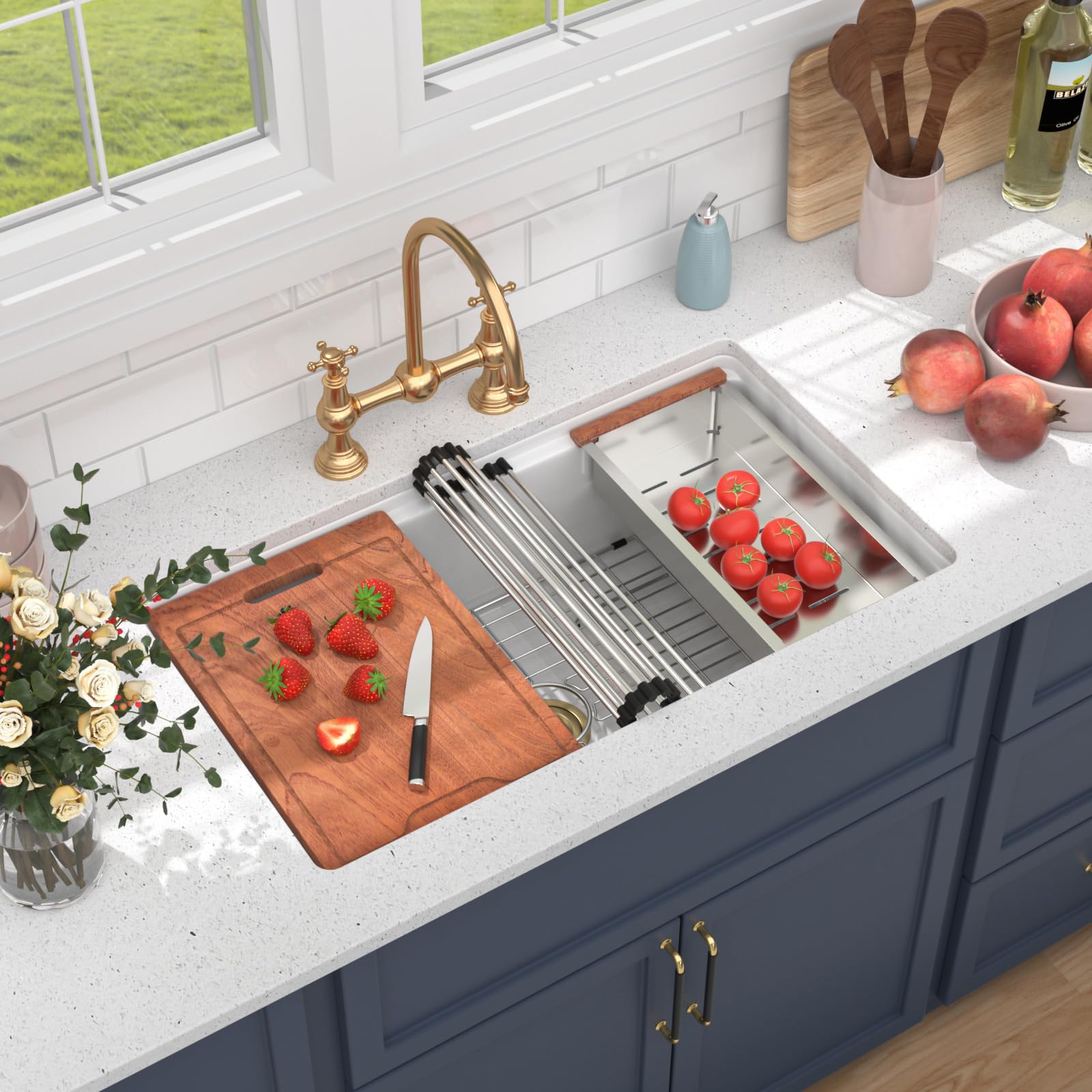 33x19 Inch Dual Mount Kitchen Sink White Porcelain Workstation