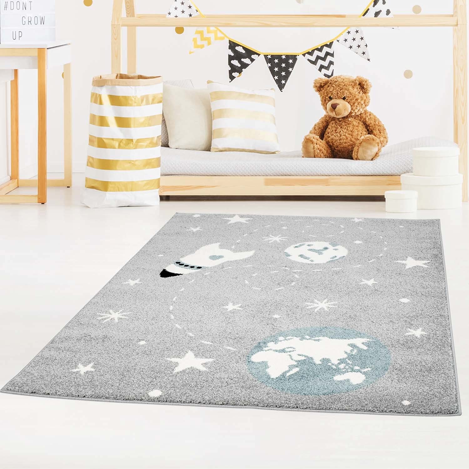 carpet city Alfombra Infantil Bubble Kids de Pelo Plano, diseño de Cohete y Estrellas en Gris y Azul, para habitación de los niños: tamaño 80 x 150 cm, 80 x 150 cm
