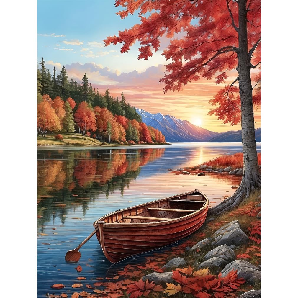LWZAYS Fall Paint by Number Canvas Scenery, Landscape Painting Kit on Canvas, Boat Adults Paint by Numbers Drawing for Home Decor Gifts, 16x20in
