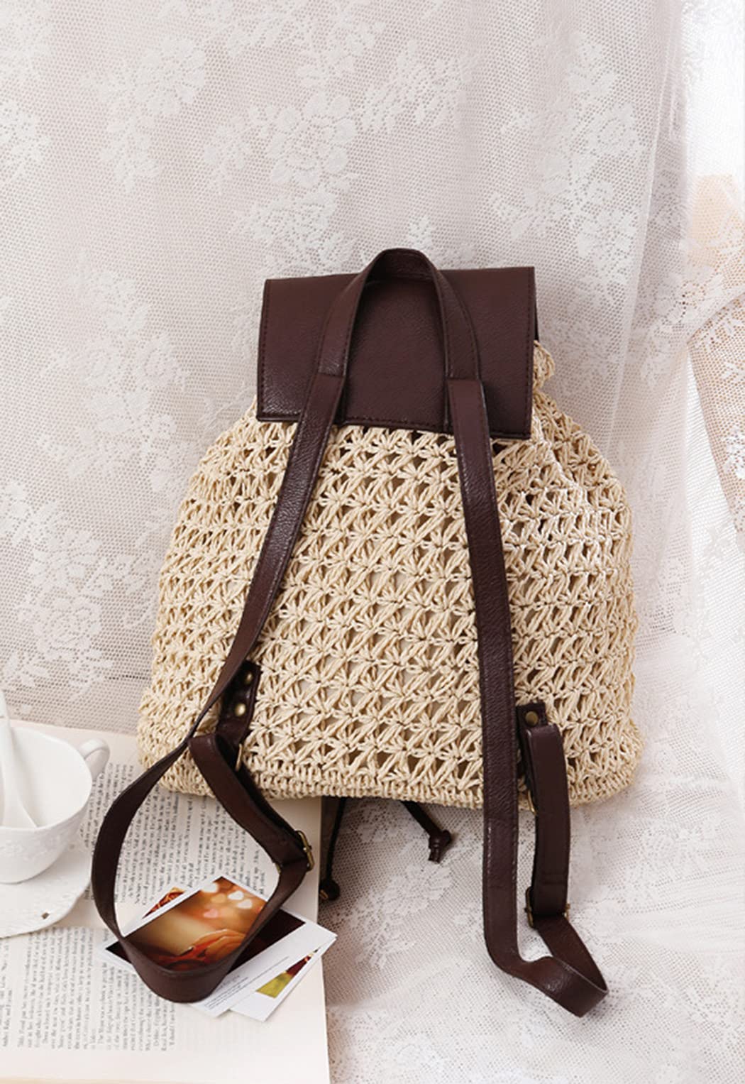 Zaino estivo da donna, in paglia, alla moda, beige, con tracolla intrecciata, da spiaggia
