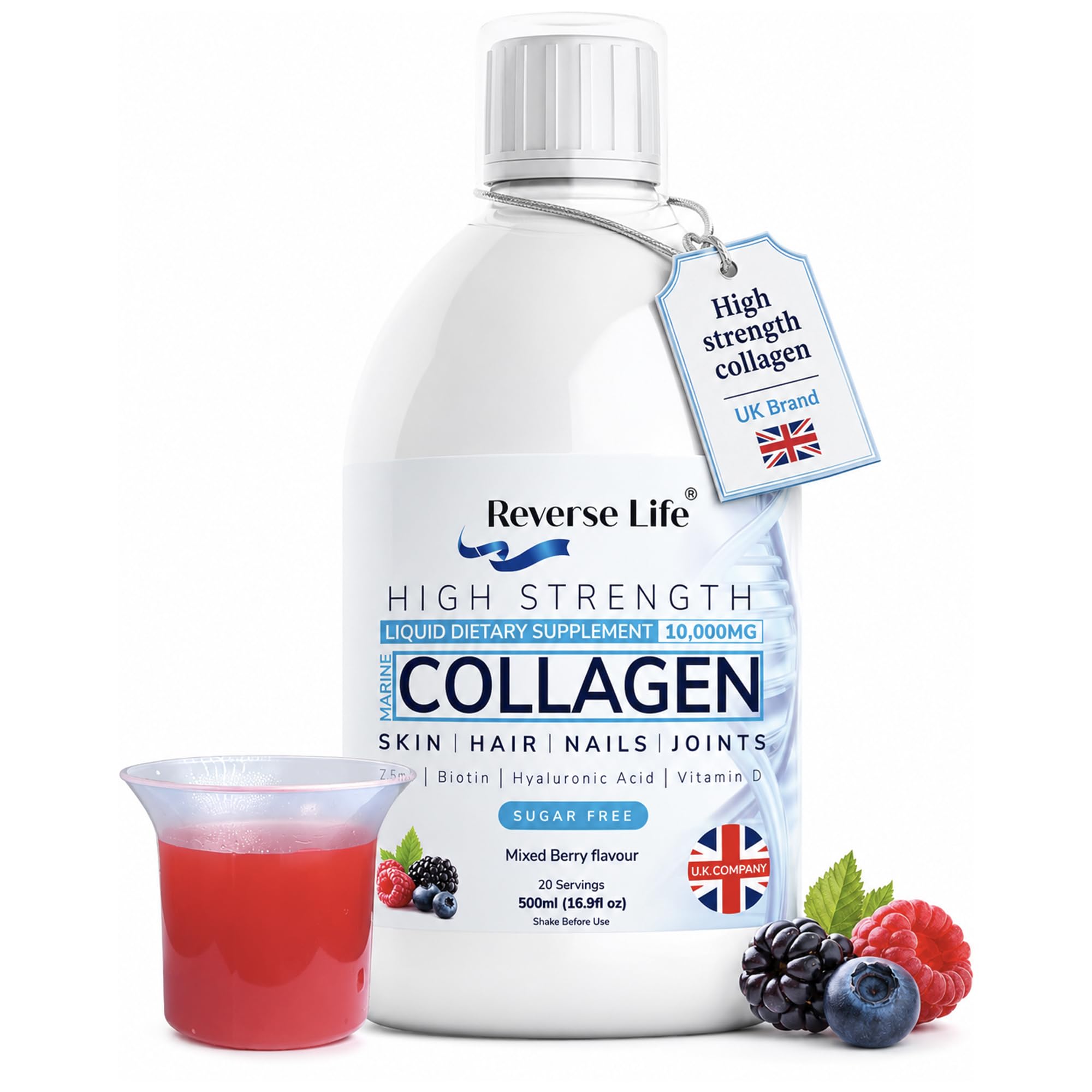 Reverse Life Marine Collagen Liquid Supplement Drink - High-Strength 10,000Mg Hydrolysed Peptide Infused With Vitamin,C, D, Hyaluronic Acid, Biotin