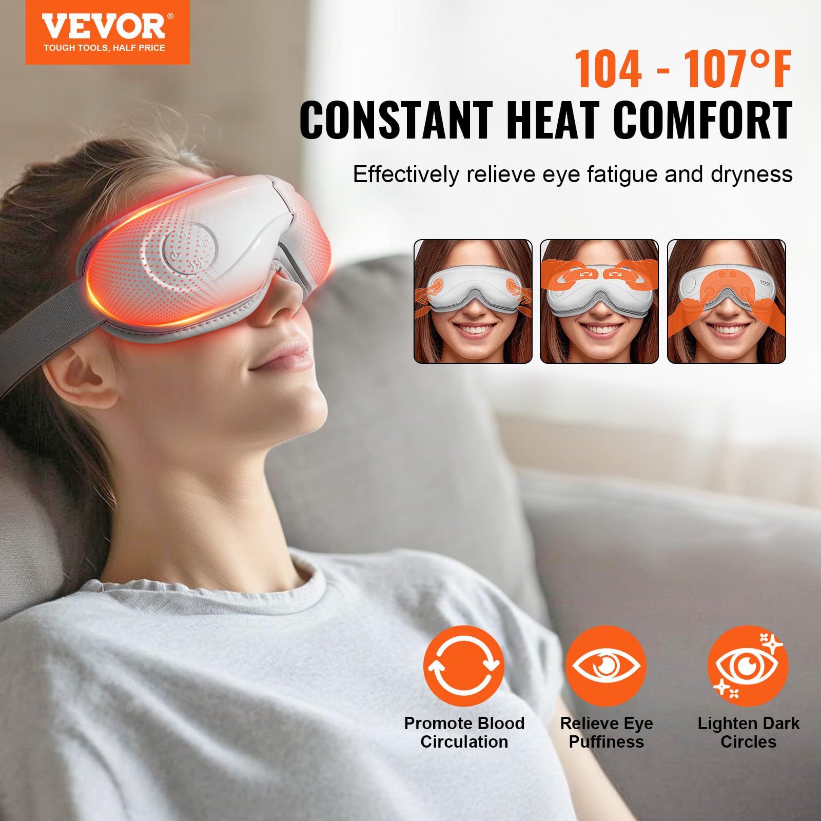 VEVOR Eye Massager with Heat & Remote Control - 5 Modes and Bluetooth Music, 180° Foldable, Ideal Gift for Mom/Dad, White