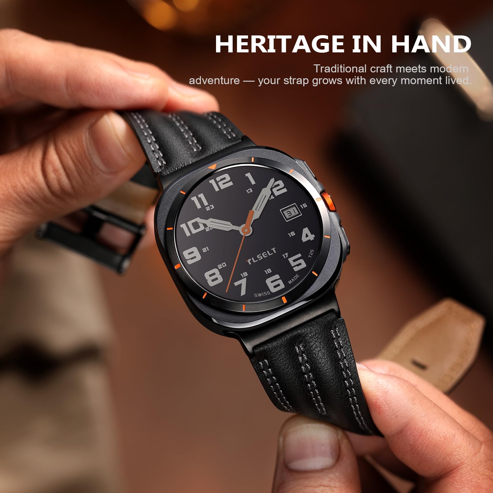 Skórzany pasek kompatybilny z Samsung Galaxy Watch Ultra 47 mm (2025/2024), prawdziwa skóra, wytrzymały, trwały, klasyczny, ręcznie robiony, na zewnątrz, biznes, podróż, prezent
