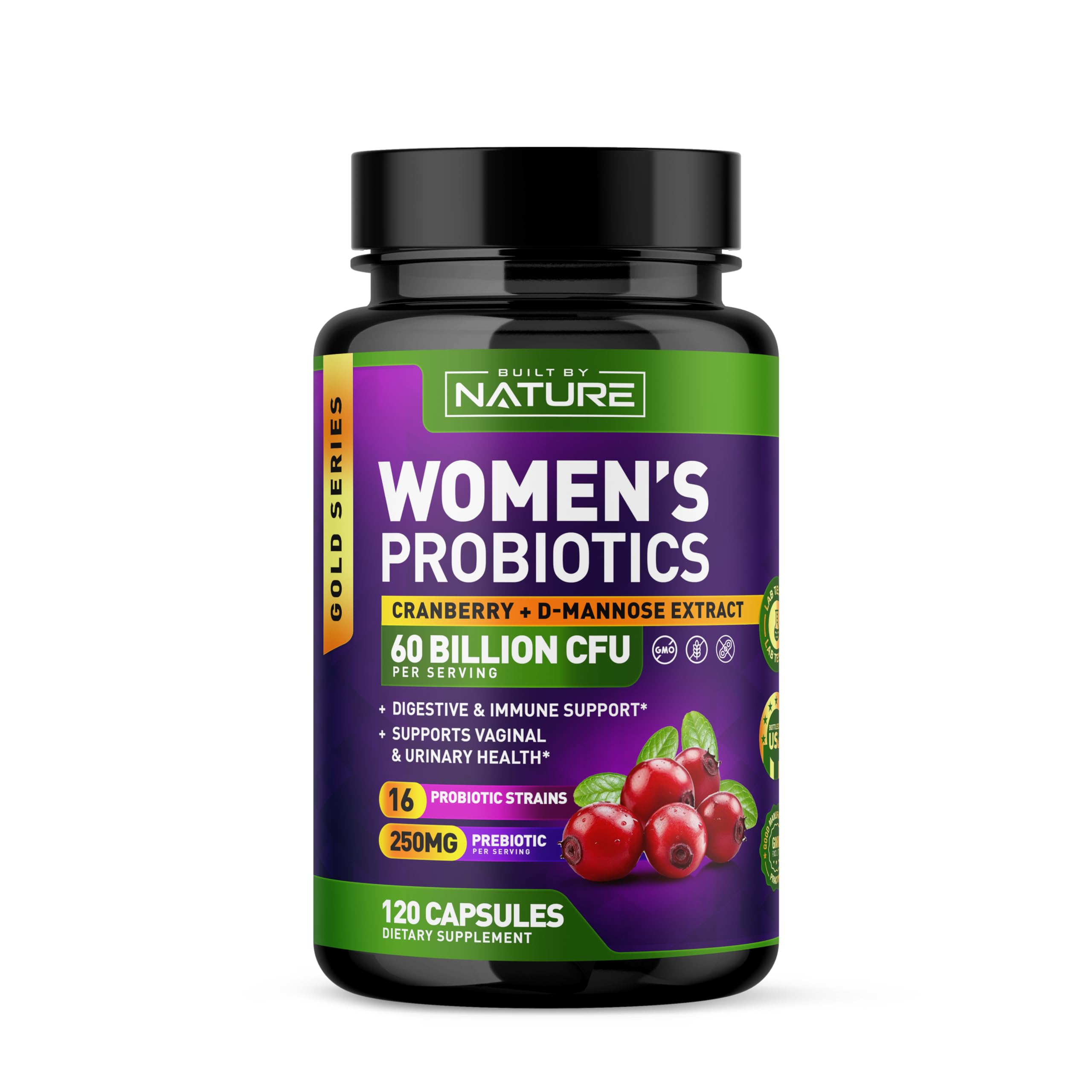Probiotics for Women - 60 Billion CFUs, 16 Strains, with Cranberry, D-Mannose & Prebiotics - Supports Digestive, Immune, & Vaginal Health - Non-GMO, Dairy & Gluten-Free - 120 Veggie Capsules 120 Count (Pack of 1)