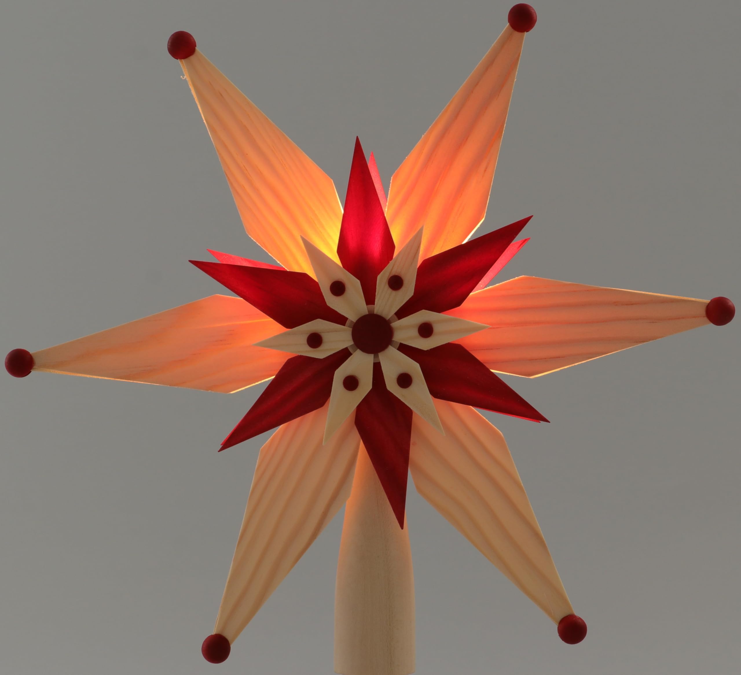Rudolphs Schatzkiste Baumschmuck Christbaumspitze EL Beleuchtet doppelt aus Kiefernblätter Mittig Stern Rot (Beidseitig) BxHxT=25x25x7cm NEU Weihnachten Christbaum Baum Spitze Holzschmuck Holz