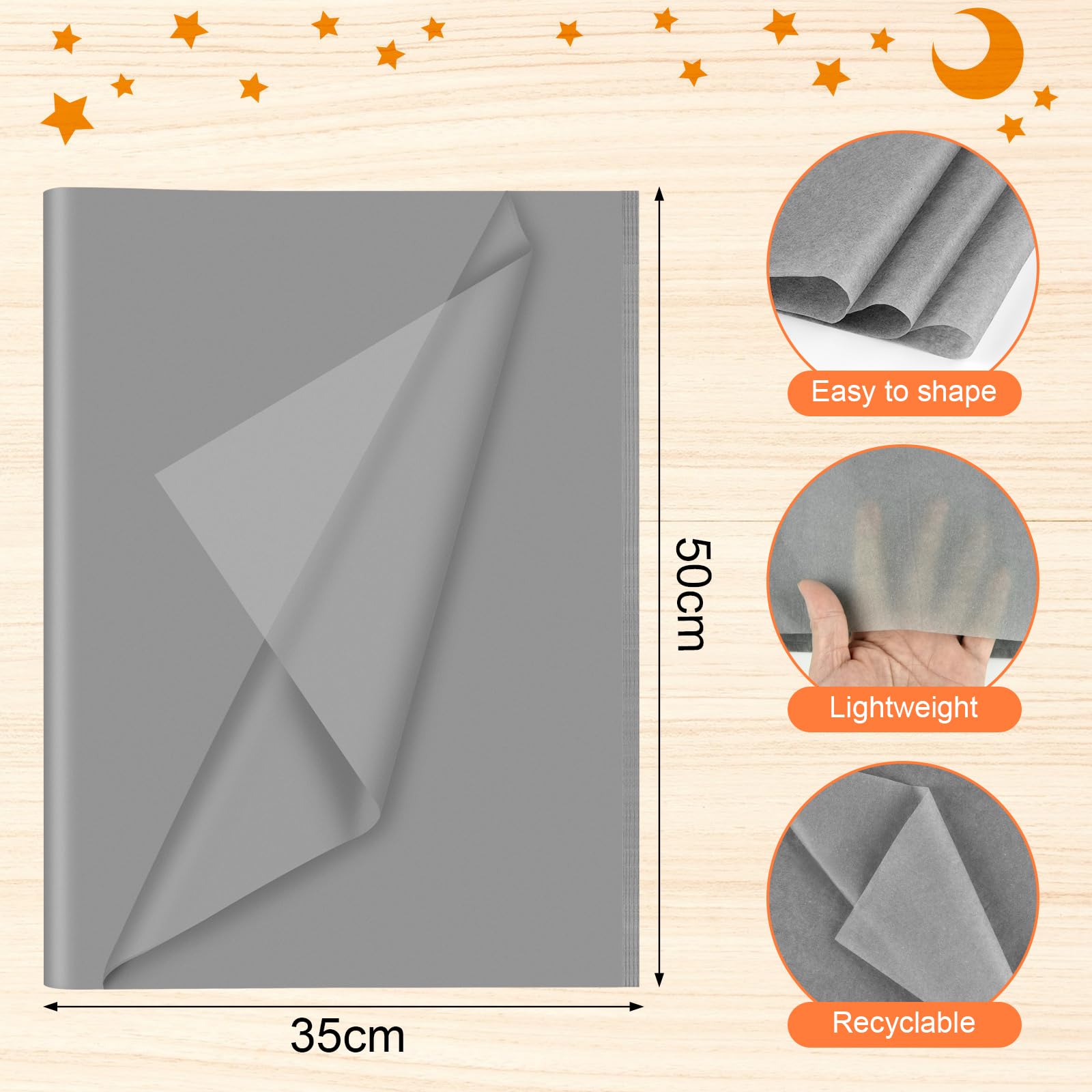 20 Hojas De Papel De Seda Gris Para Envolver Regalos - 75x55 Cm, Papel Reciclado FSC, Sin ácido, Para Manualidades