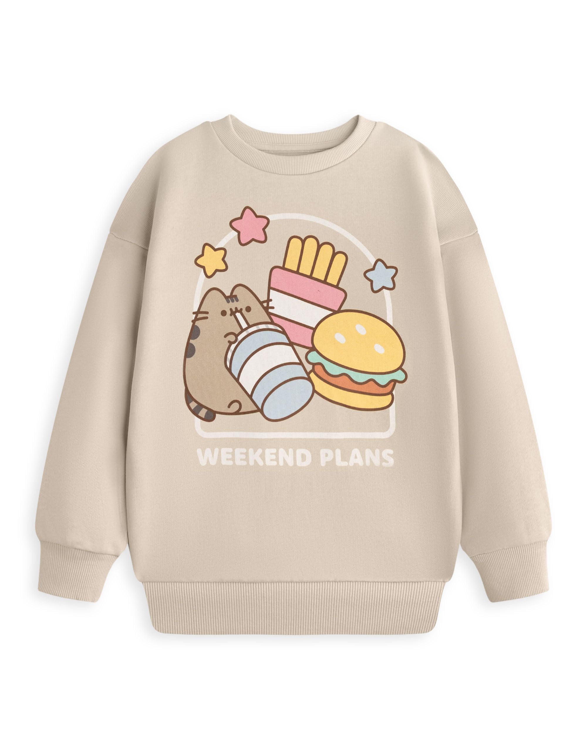 Pusheen Girls Beige Sweatshirt | Long Sleeve Crew Neck with 'WEEKEND PLANS' Print | Cartoon Character Jumper for Leisure | Comfortable Loungewear for Kids | Pusheen Merch