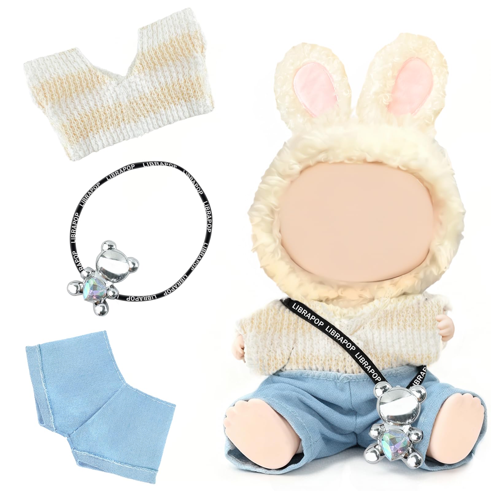 Morofme 17cm Dolls Clothes Set, 3Pcs Doll Clothes for Dolls, Apricot Blue Set Include Apricot Sweater Blue Jeans with Diamond Bear Accessory, Doll Outfit Accessories Sets for Dolls (No Doll)