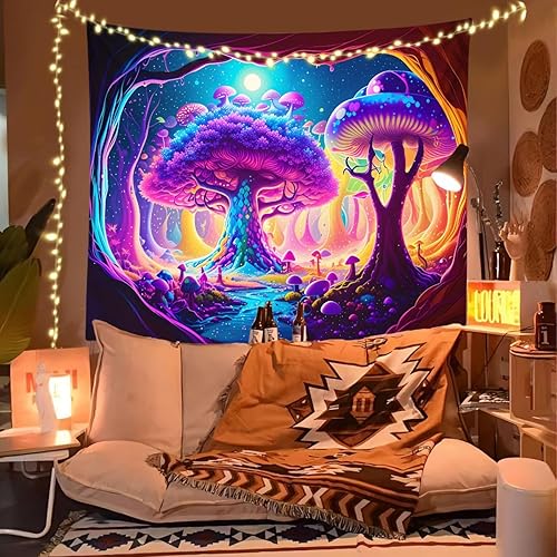 Miniatura 7 de XIGUAGUO Tapiz de hongos de árbol del bosque para dormitorio, decoración estética para colgar en la pared del hogar