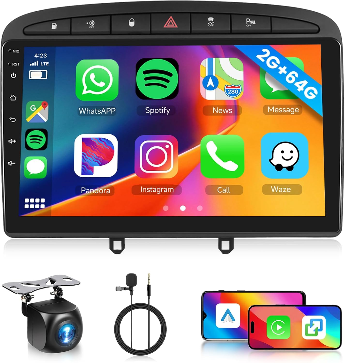 2G 64G Android Car Radio for Peugeot 308 408 2007-2015 with Wireless Carplay Android Car Hodozzy Radio 9 Inch Touchscreen GPS Navigation DSP Bluetooth WiFi FM/RDS Radio Steering Wheel Control