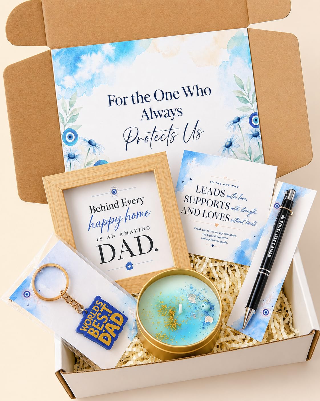 Father's Day Giftbox for Dad | Evil Eye Themed 5 Piece Handmade Gift Set with Scented Candle, Wooden Frame, Pen & Keychain, Greeting Card | Perfect for Papa, Father, Birthday, Anniversary, Thank You-picture-54
