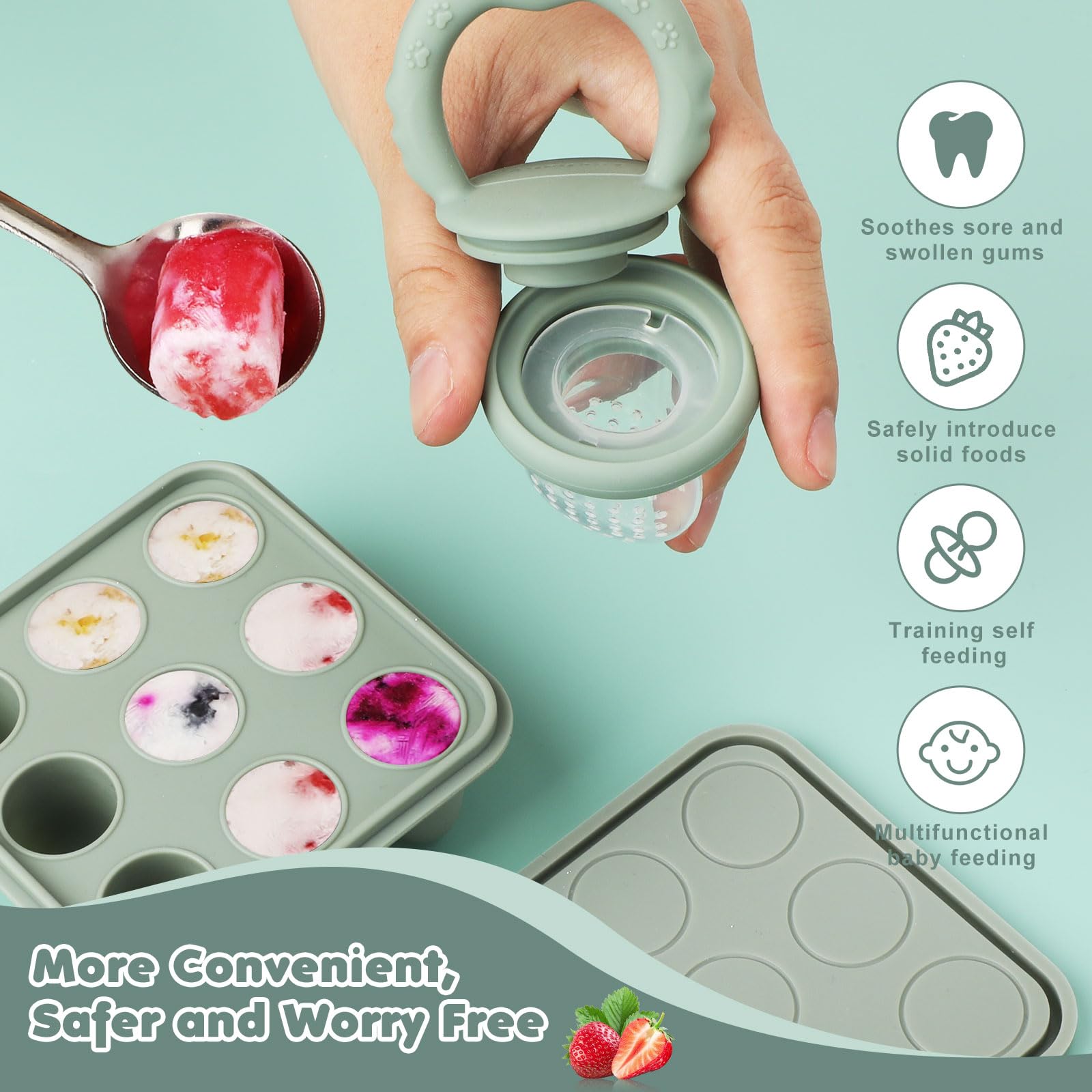 Baby Fruit Food Feeder Breastmilk Popsicle Molds, Silicone Food Freezer Tray for Cooling Teething Relief, Baby Food Feeder for Safe Infant Self Feeding, Includes 3 Extra Food Pacifier