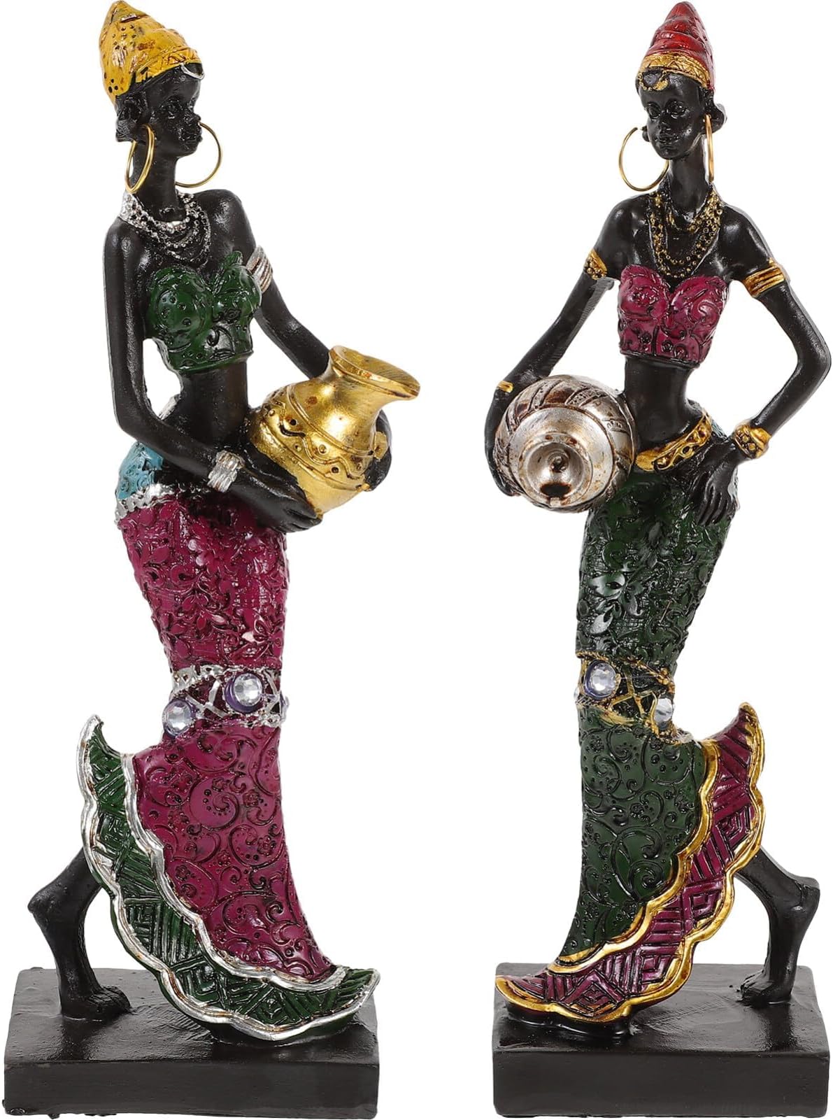 African Sculpture 2pcs African Women Girls Figure Tribal Lady Figurine Statue Decor Collectible Black Human Dolls Art Piece for Living Room Shelf Accent Gift