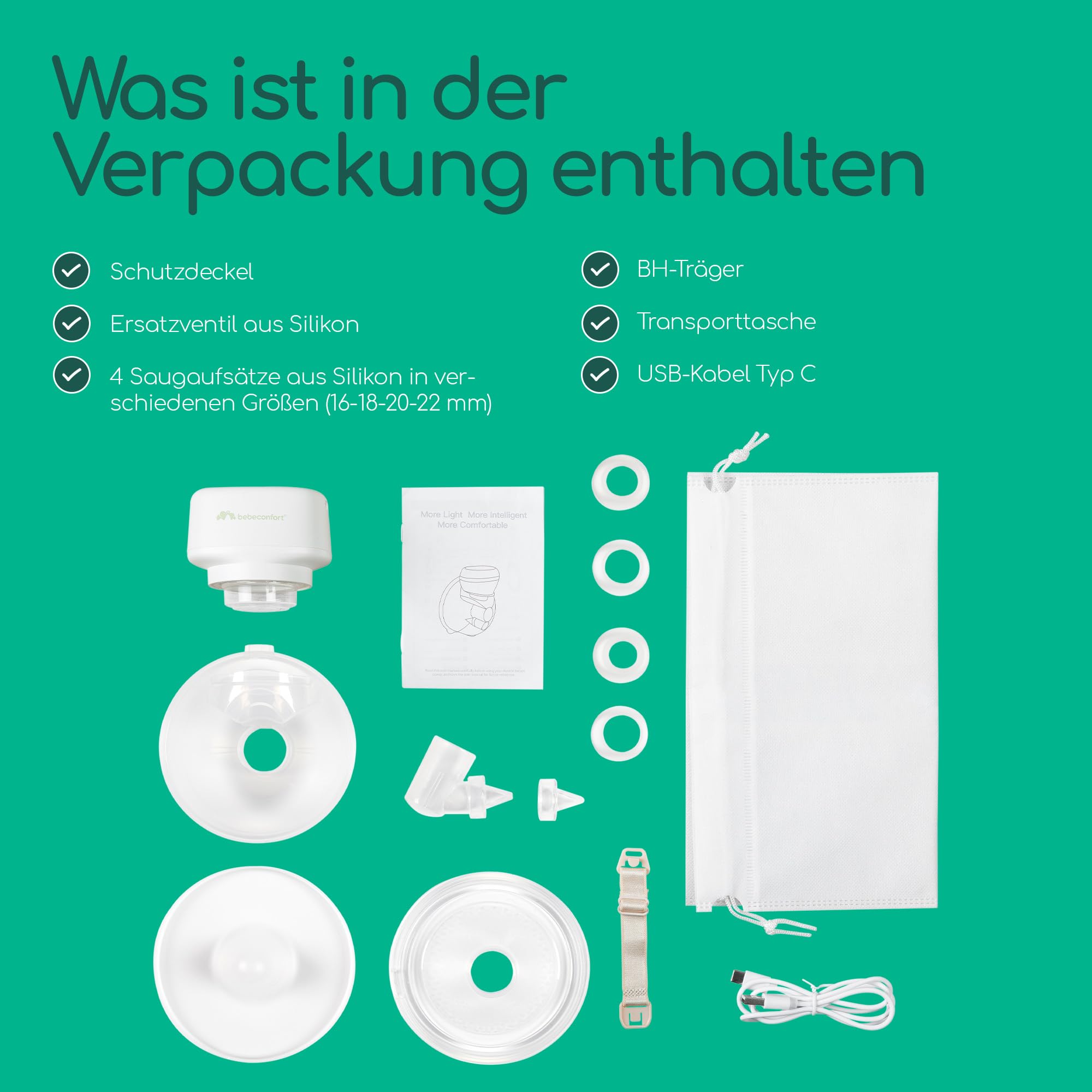 Bebeconfort Diskrete Milchpumpe Handsfree, freihändige Milchpumpe elektrisch, leises Abpumpen (51db), 3 Pumpmodi, 15 Saugstufen, langlebiger Akku, 210 ml großer Behälter