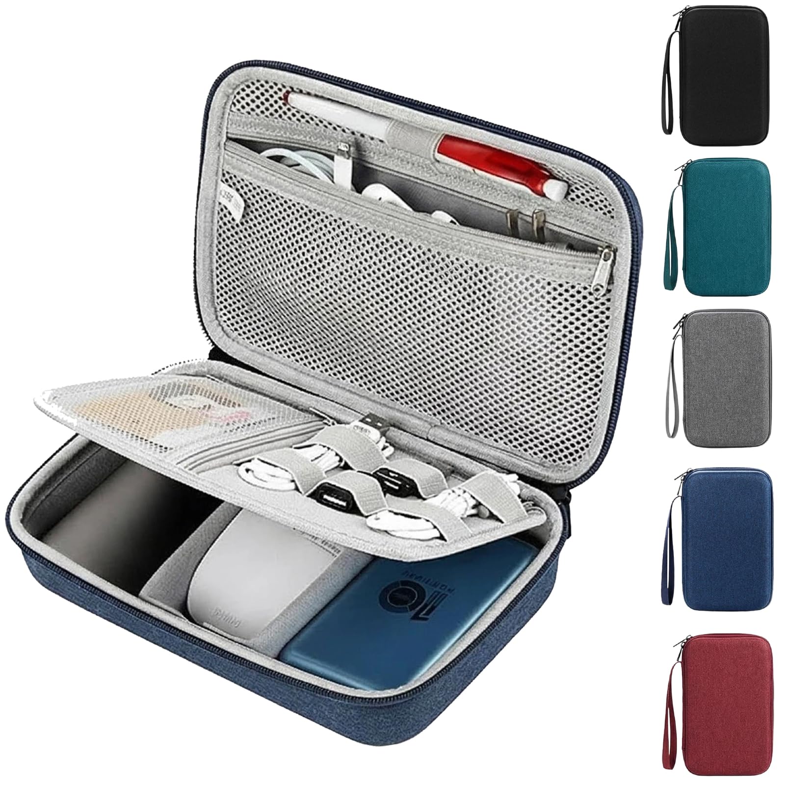 Organizer Tasche Kabeltasche - Kabel Organizer Tasche mit doppellagigem Aufbau und verstellbaren Fächern für Tech-Zubehör, Ladegeräte, Powerbanks, ideal für Reise und Urlaub, Dunkelblau
