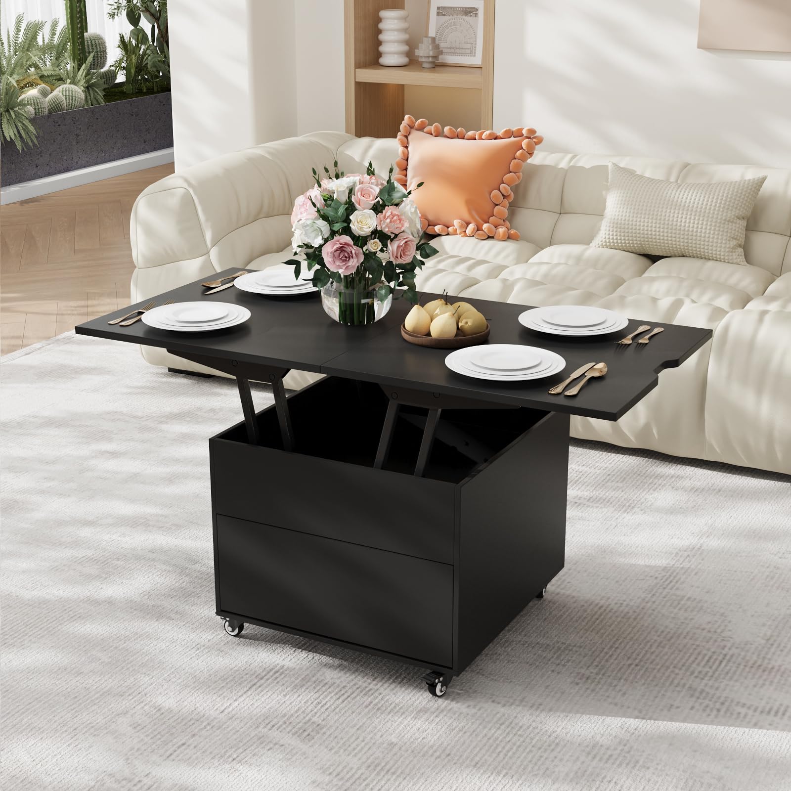 VOWNER Mesa de Centro Elevable Extensible (Negro) | Multifuncional 3 en 1, Convertible en Mesa de Comedor de Salón