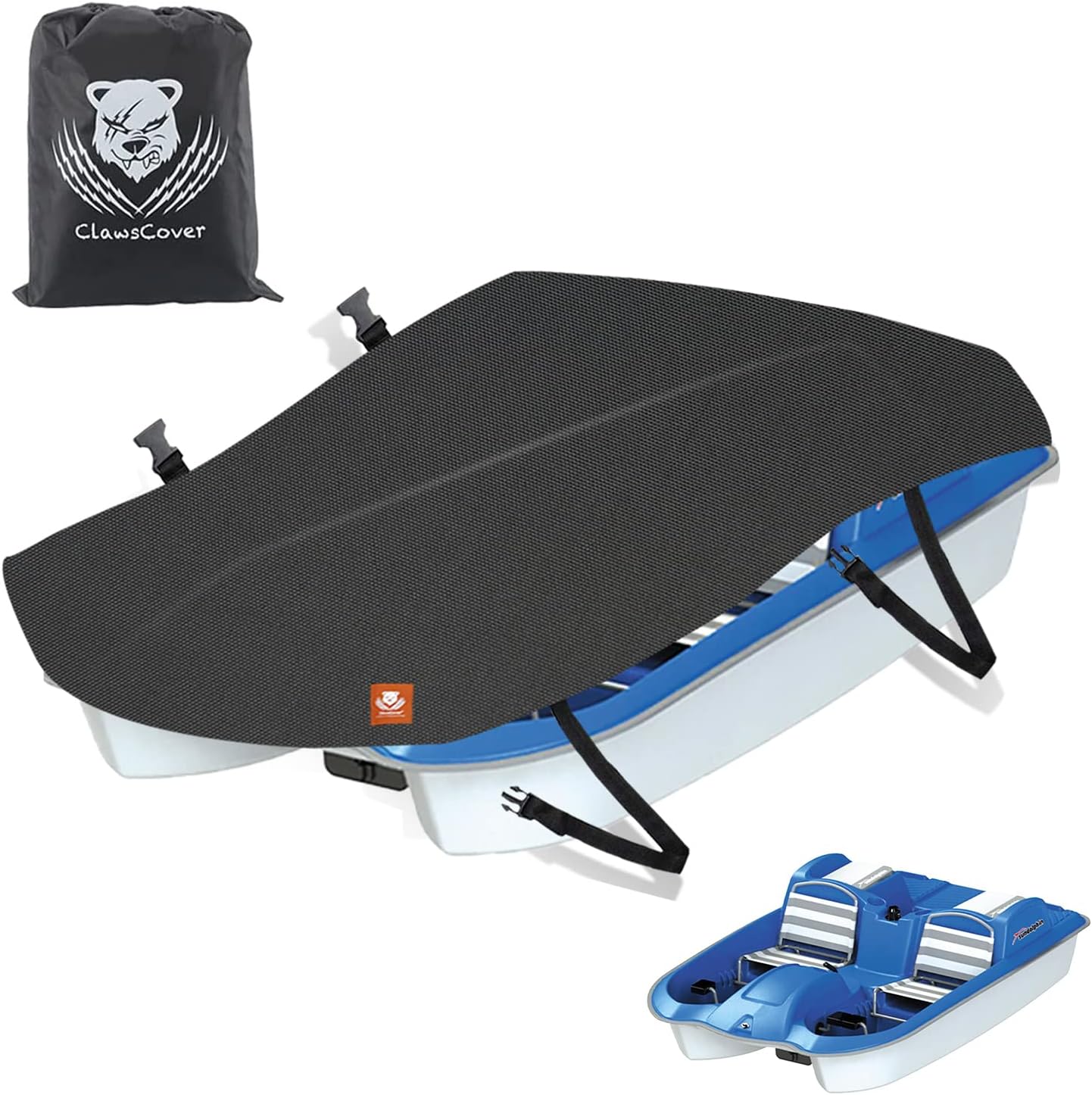 ClawsCover Pedal Boat Covers Waterproof Outdoor,112.5L x 65W Inch Fits Up to 3 or 5 Person Fishing Paddle Boat, Heavy Duty & Anti-UV & Tear-proof,2Pcs Windproof Straps,Storage Bag,Black