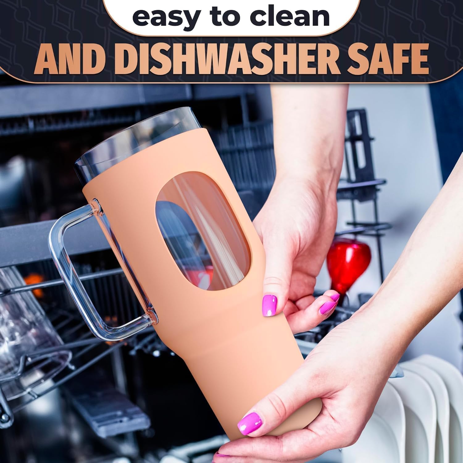 46 Oz Glass Tumbler with Lid – Large Peach Tumbler with Straw and Lid | Ergonomic Glass Water Bottle with Handle, 2 Straws, Silicone Sleeve, Dishwasher Safe, Easy Visibility | Valentine's Day Gift - Image 2