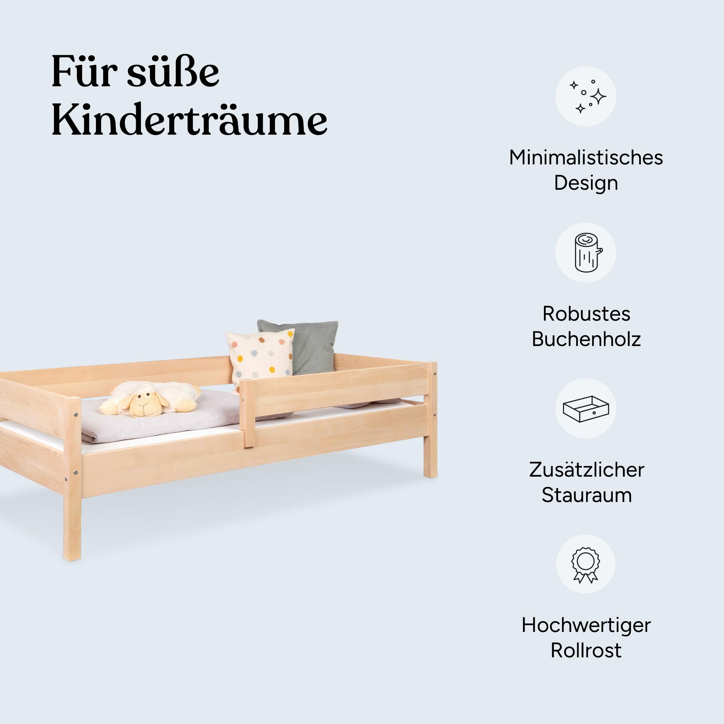 Ehrenkind® Kinderbett Buche Nova | FSC® Zertifiziert | Kinderbett mit Rausfallschutz | Massivholz inkl. Lattenrost | 120x200cm weiß mit Bettkasten | Bett 120x200 | Kinder Bett