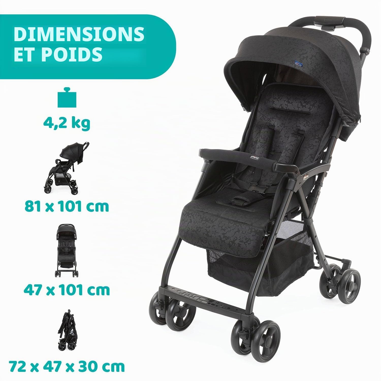 Chicco OHlalà 3 Poussette Canne Bébé Ultra légère, Compacte, Pliable et Inclinable de la Naissance à 15 kg, avec un Grand Panier, Housse de Pluie Incluse, et Toit Extensible - Jet Black
