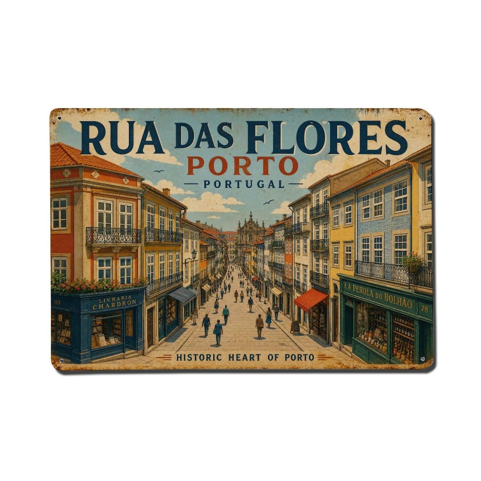 Vintage Travel Rua Flores Historic Street Shops Portugal Metal Tin Sign