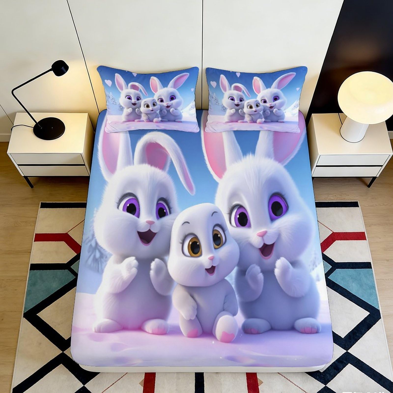 3D Printed Cute Bunny Fitted Sheet Microfiber Soft Washable Cartoon Rabbit Bed Cover for Bedroom Dorm Decor 90x200x25cm