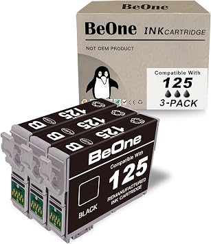 BeOne T125 Ink Cartridges Remanufactured Replacement for Epson 125 3-Pack to Use with Workforce 320 323 325 520 Stylus NX125 NX127 NX130 NX230 NX420 NX530 NX625 Printer 3 Black