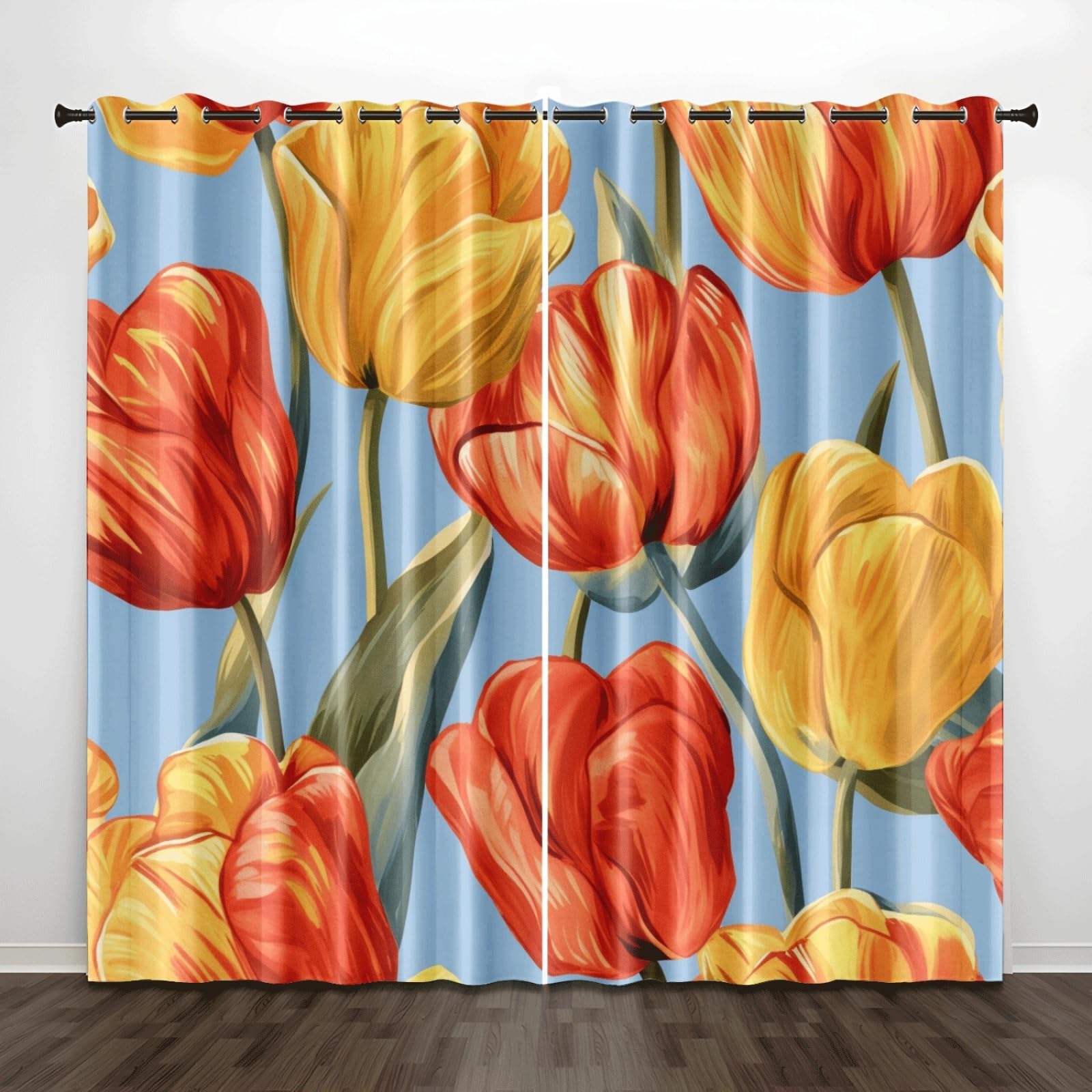Vorhänge Orange Gelbe Blumen Vorhang Blickdicht Polyester Gardinen mit ösen Thermovorhang 2er Pack Curtains Living Room Schlafzimmer Waschbar Verdunkelungsvorhang (2x110x215 cm)