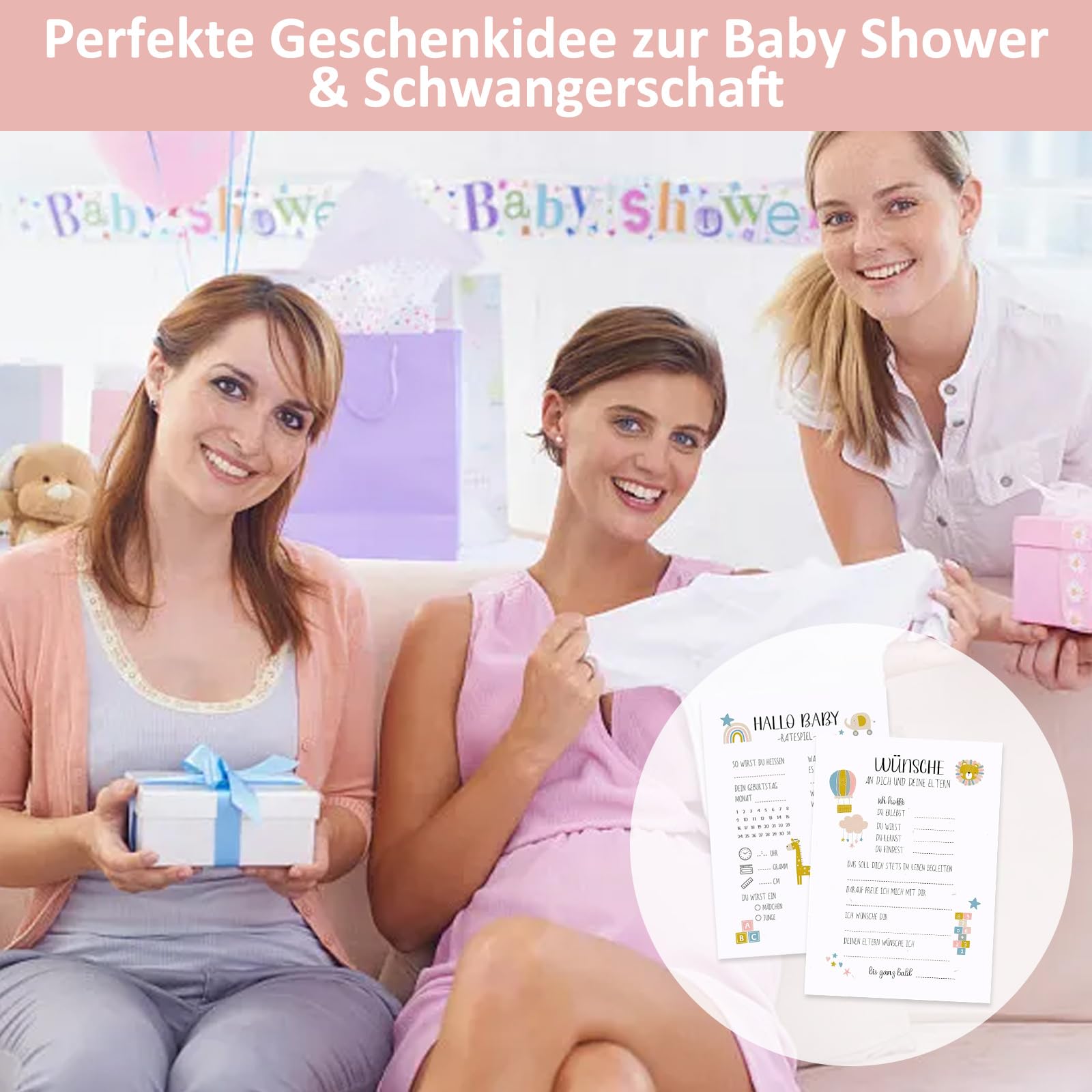 30 Carte Gioco Per Baby Shower Unisex Con Quiz E Benedizione - Design Arcobaleno E Animali - Formato Cartolina 10,5x14,8 Cm, Carta Sostenibile