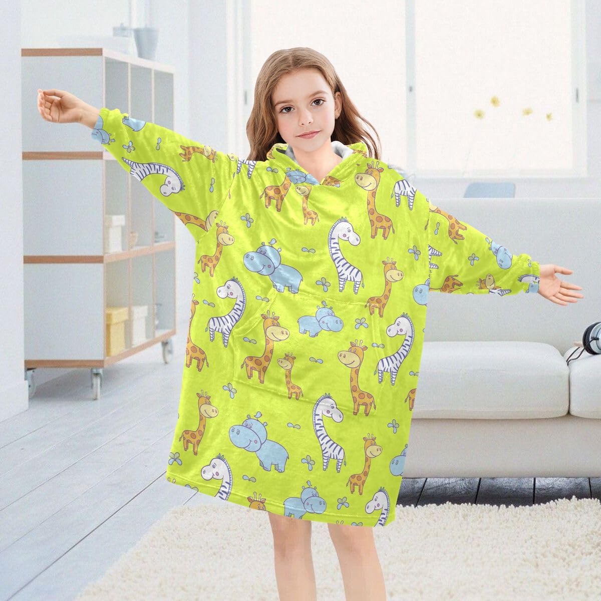 Żółta żyrafa dziecięca przenośna bluza z kapturem, oversize, sweter, kreskówka, zwierzęta, zebra, dla chłopców i dziewczynek w wieku 3-14 lat