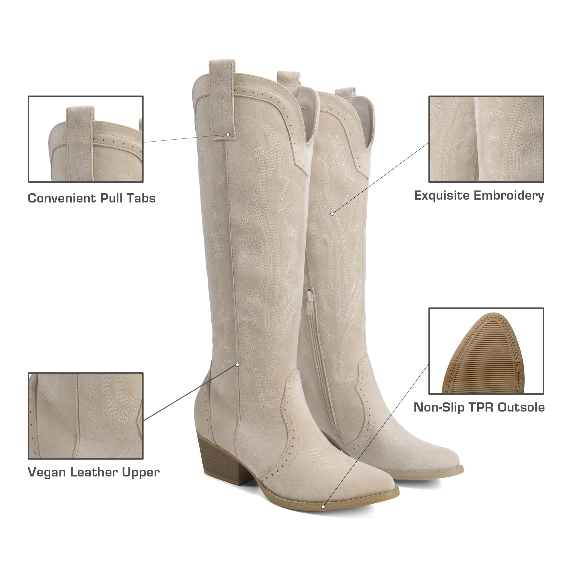 DREAM PAIRS Botas Altas DE Vaquera para Mujer CÓMODAS con Cremallera Lateral Y TACÓN Grueso Bordadas Estilo Oeste Botas Retro