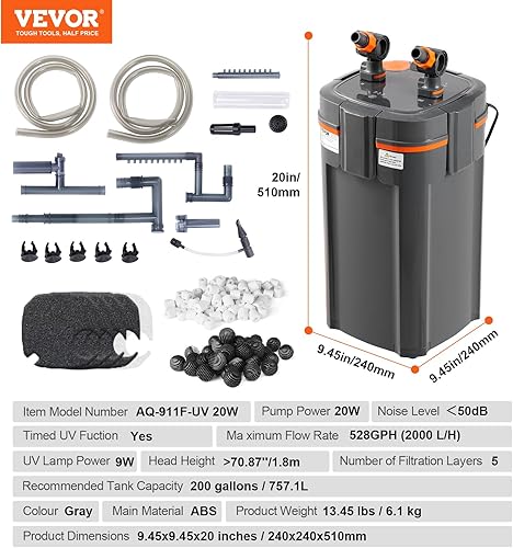 Miniatura 7 de VEVOR Filtro de acuario de 396 GPH, filtro de recipiente de 5 etapas de 125-200 galones, filtro interno ultra silencioso para acuario con protección