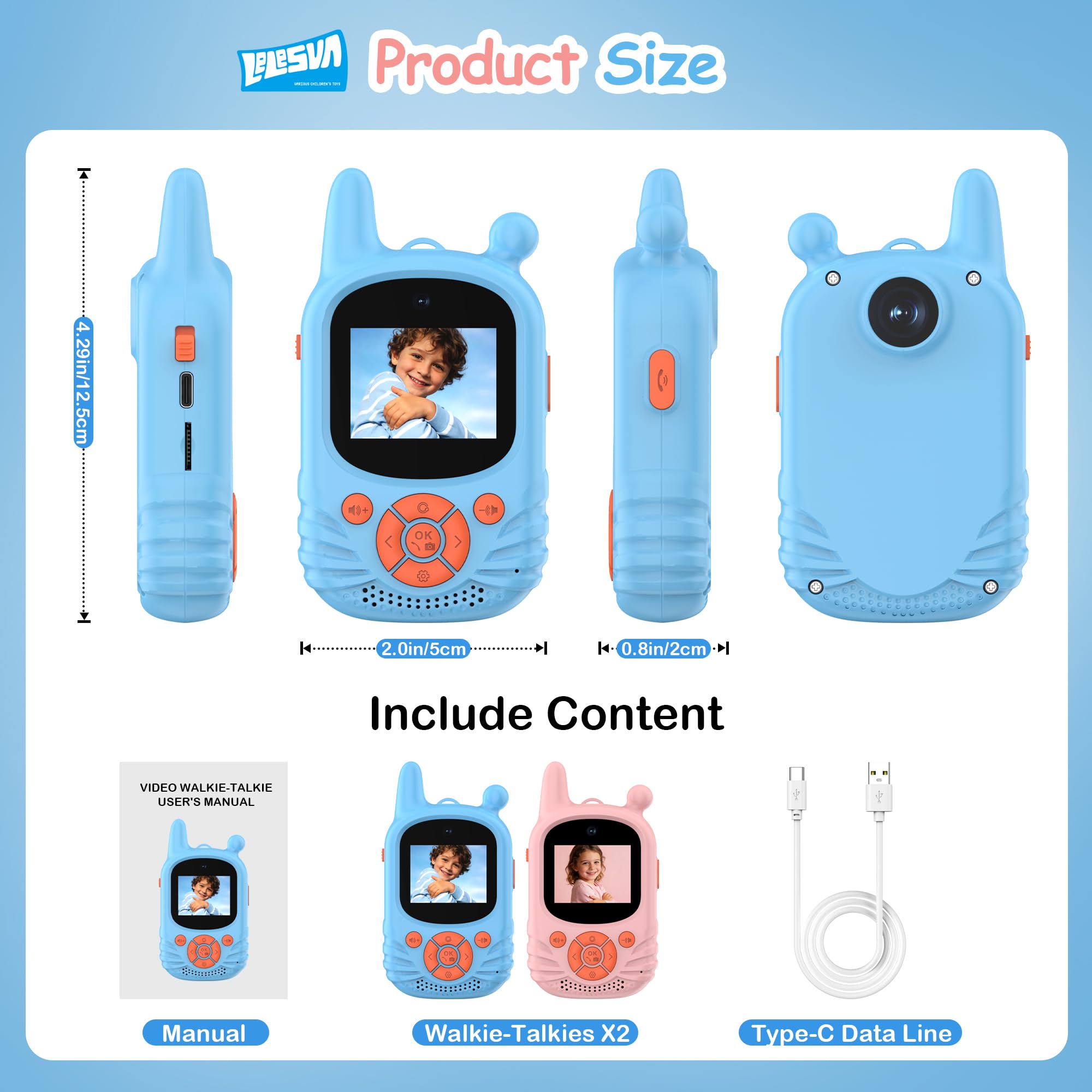 Walkie-Talkies de video para niños, cámara Dual HD, 2 piezas, juguete recargable, walkie talkies, recargable, alcance de 300 m, walkie talkie para niños de 3 a 12 años, regalos para
