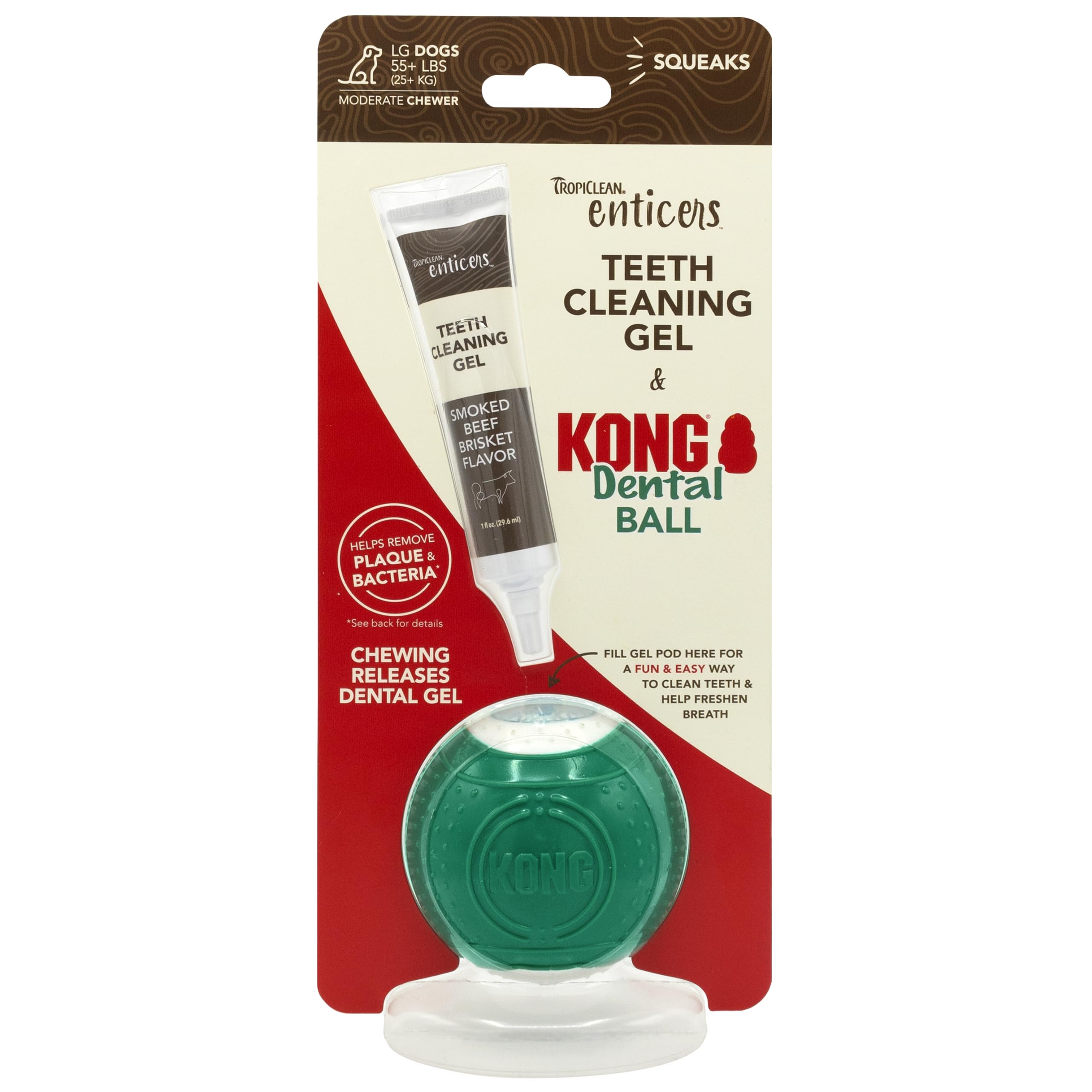 TropiClean Enticers Kong Dental Ball Kit for Large Dogs | Teeth Cleaning Gel | Smoked Beef Brisket Flavor | 1 oz.