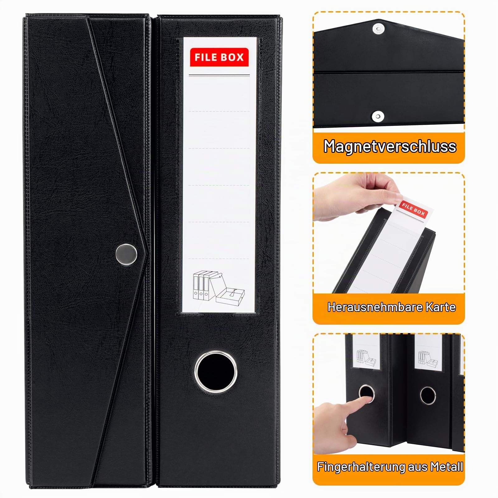 4 Stück Archivbox A4, 88 mm Rücken, Faltbare Aktenbox, Schwarz | A4 Dokumentenbox mit Metallklammer, 700 Blatt Kapazität, Aufbewahrungsbox aus Kunststoff für Büro, Schule oder Archivraum