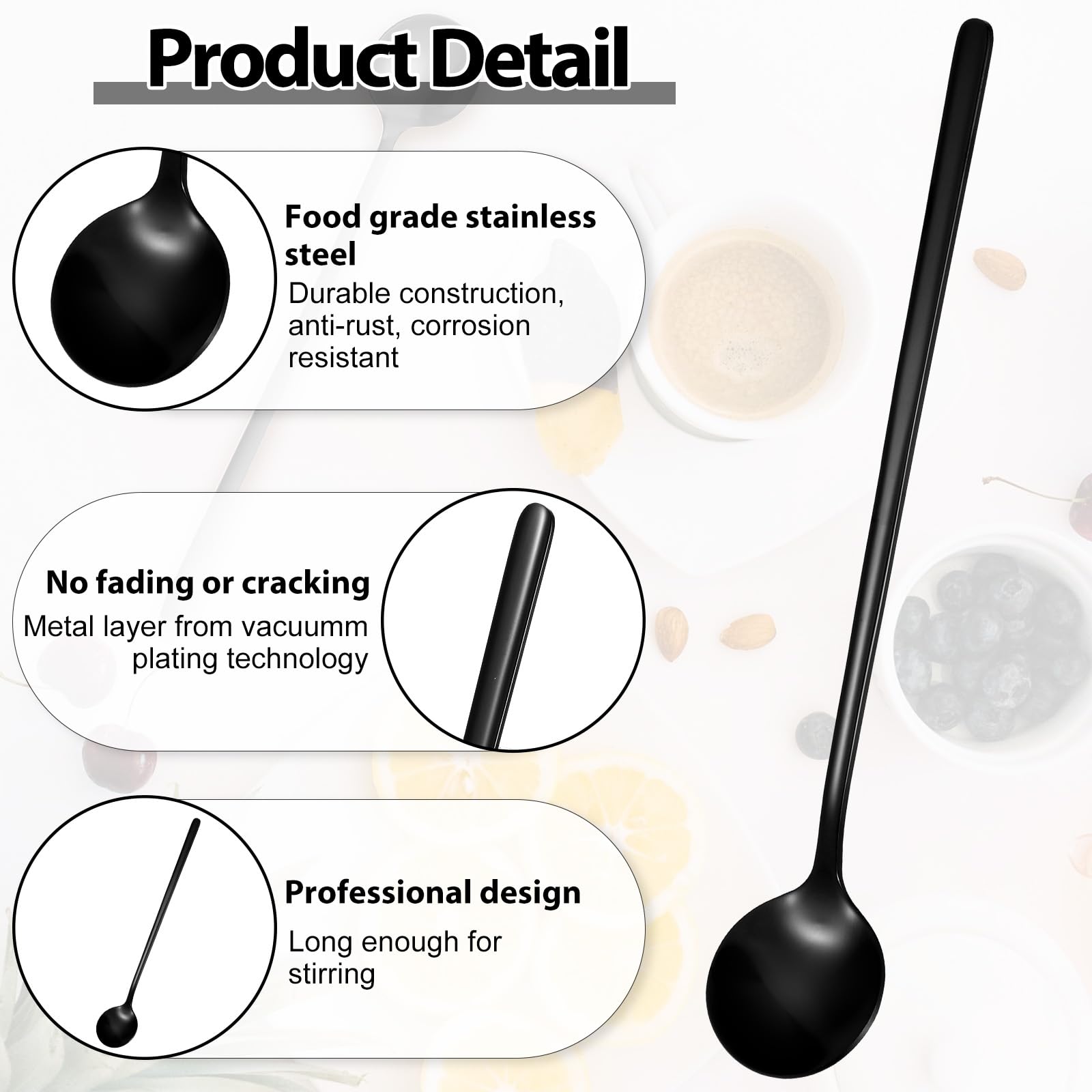 4 cucharas de café de acero inoxidable negro satinado, 6,7 pulgadas, cucharas de té helado, espresso para espresso, cucharas de postre, cucharas grandes redondas