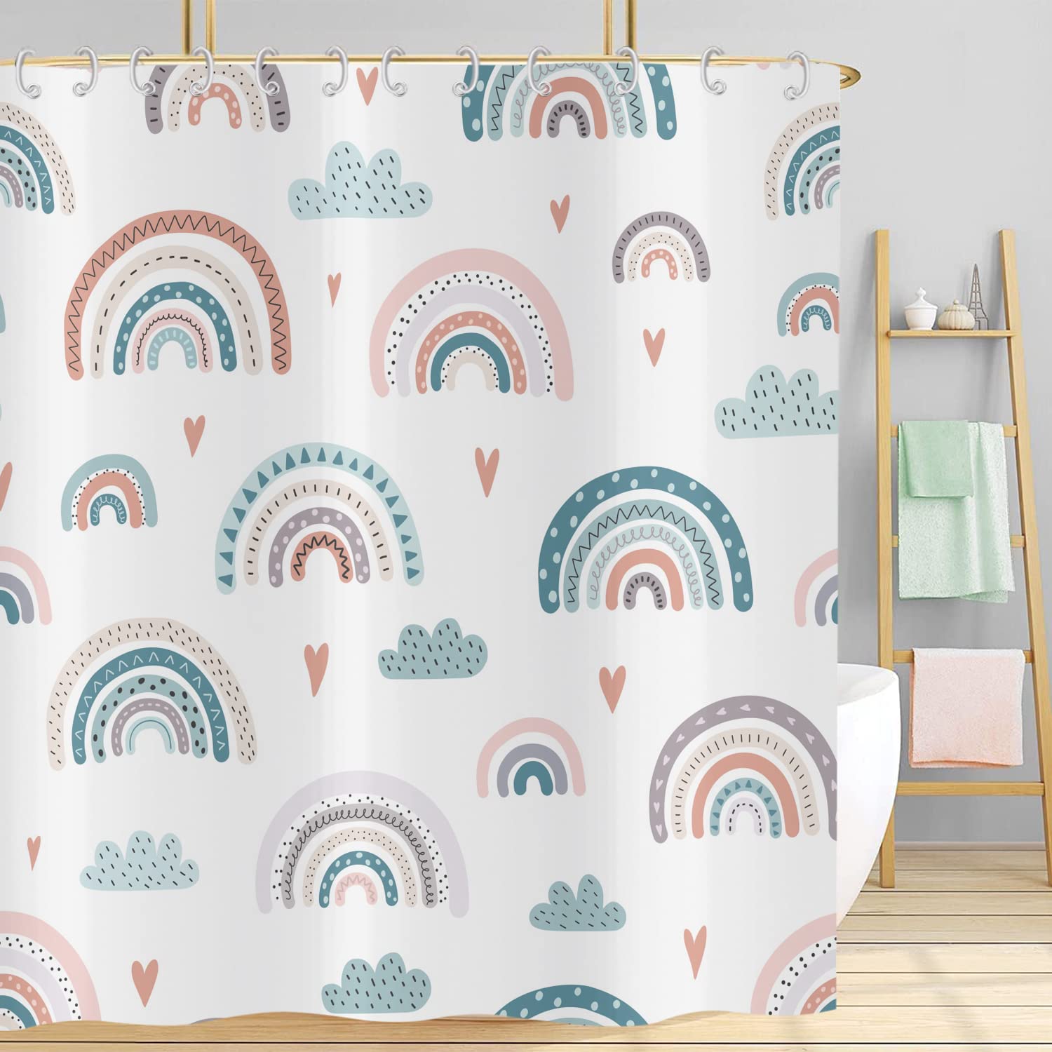Hnmdmyi Rainbow Shower Curtain 180x180, Boho Abstract Rainbow Shower Curtains Colorful Cute Kids Cartoon Bathroom Curtains with Hooks Waterproof Polyester Fabric Washable Bath Curtains for Wet Room — image 1