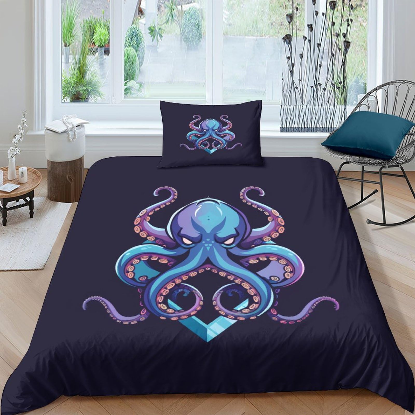 VesFy Minimalist Octopus for Boys Girls 3D Printed Animal Comforter Covers Duvet Cover Quilt Cover with Pillow Cases Bedding Set Soft Microfiber with Zipper Closure 2 Pieces Single（135x200cm）