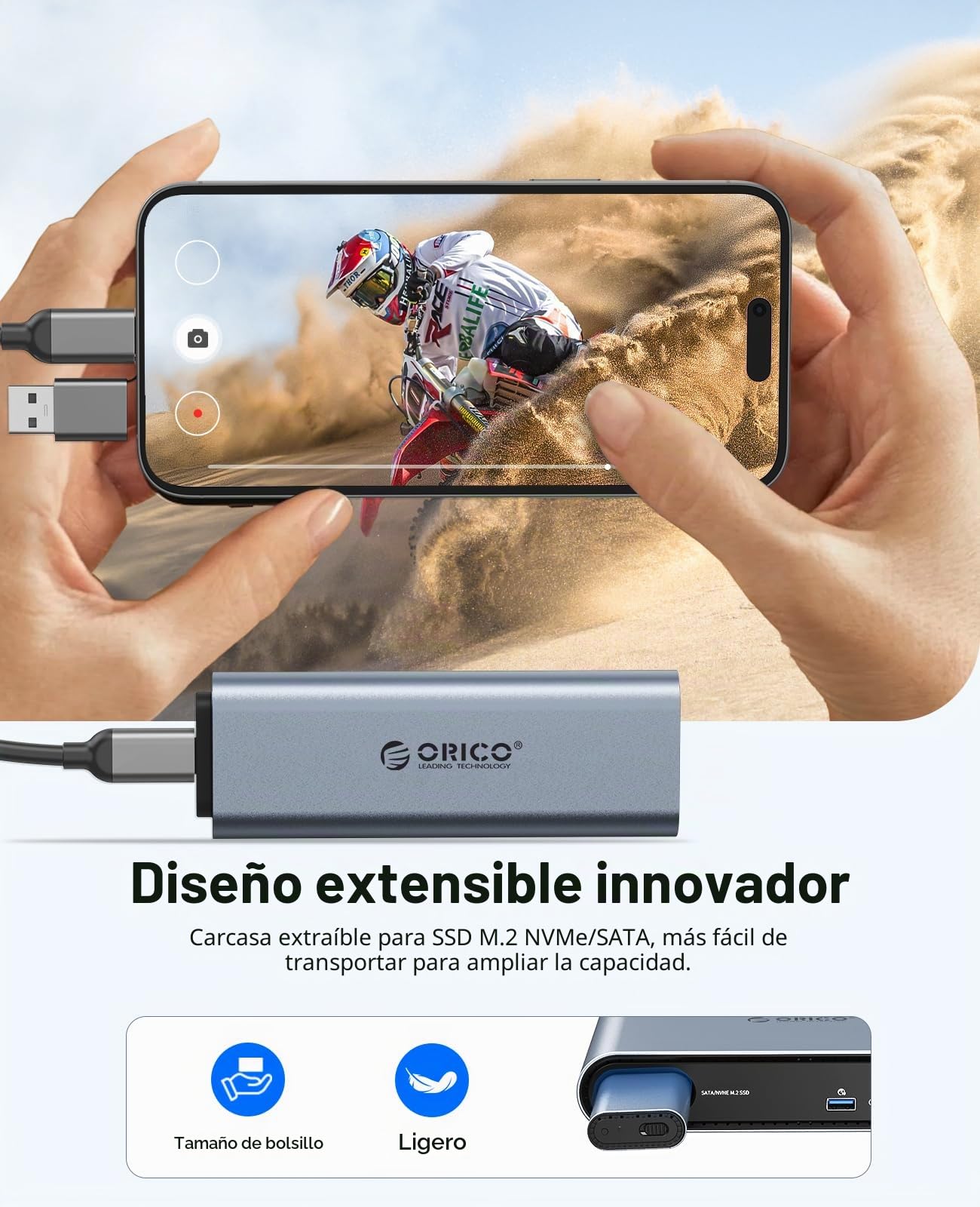 Base ORICO 10-en-1 USB-C con Carcasa SSD M.2 NVMe/SATA, USB 3.2 10Gbps, HDMI 4K@60Hz, PD 100W, RJ45, Audio 3,5mm - para MacBook Pro/Air (PTM1)